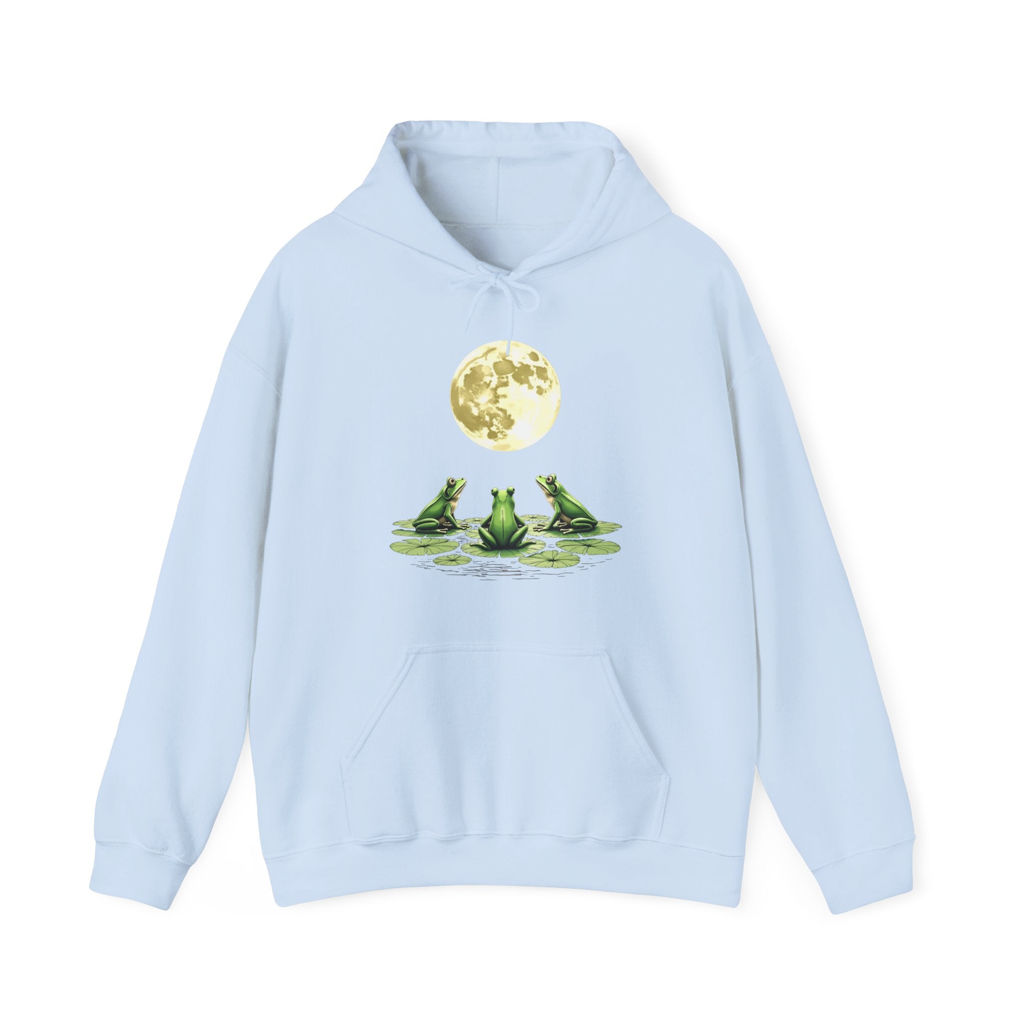 Light blue hoodie with frog and moon design on a white background