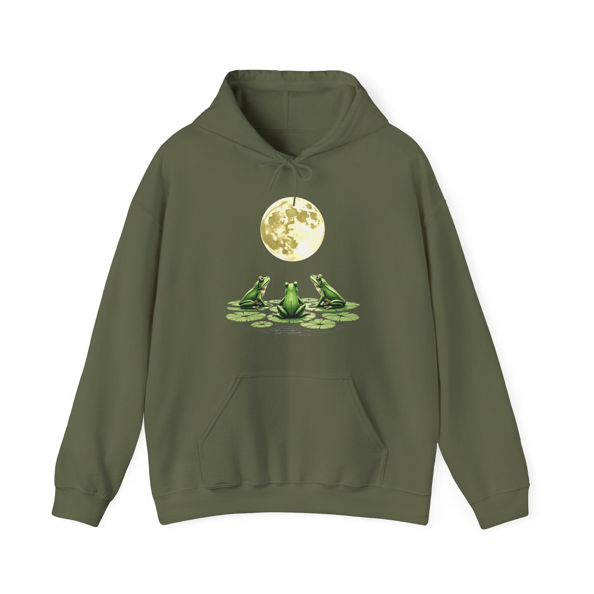Military green hoodie with frog and moon design on a white background