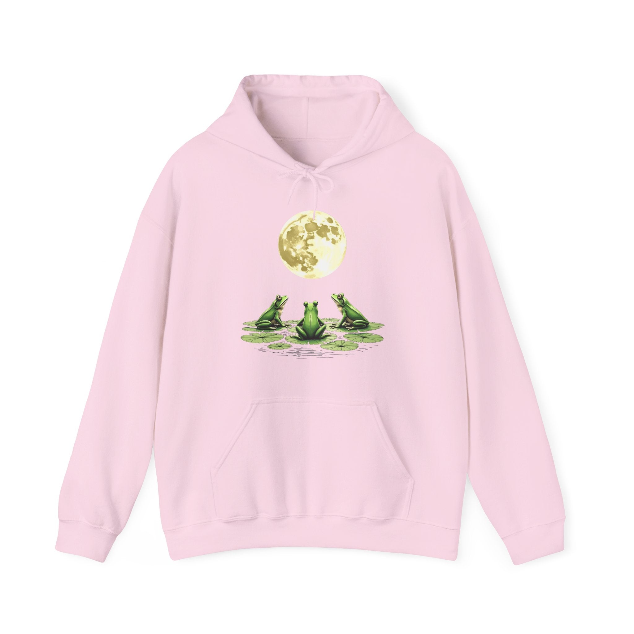 Pink hoodie with a graphic of three frogs and a moon on a white background