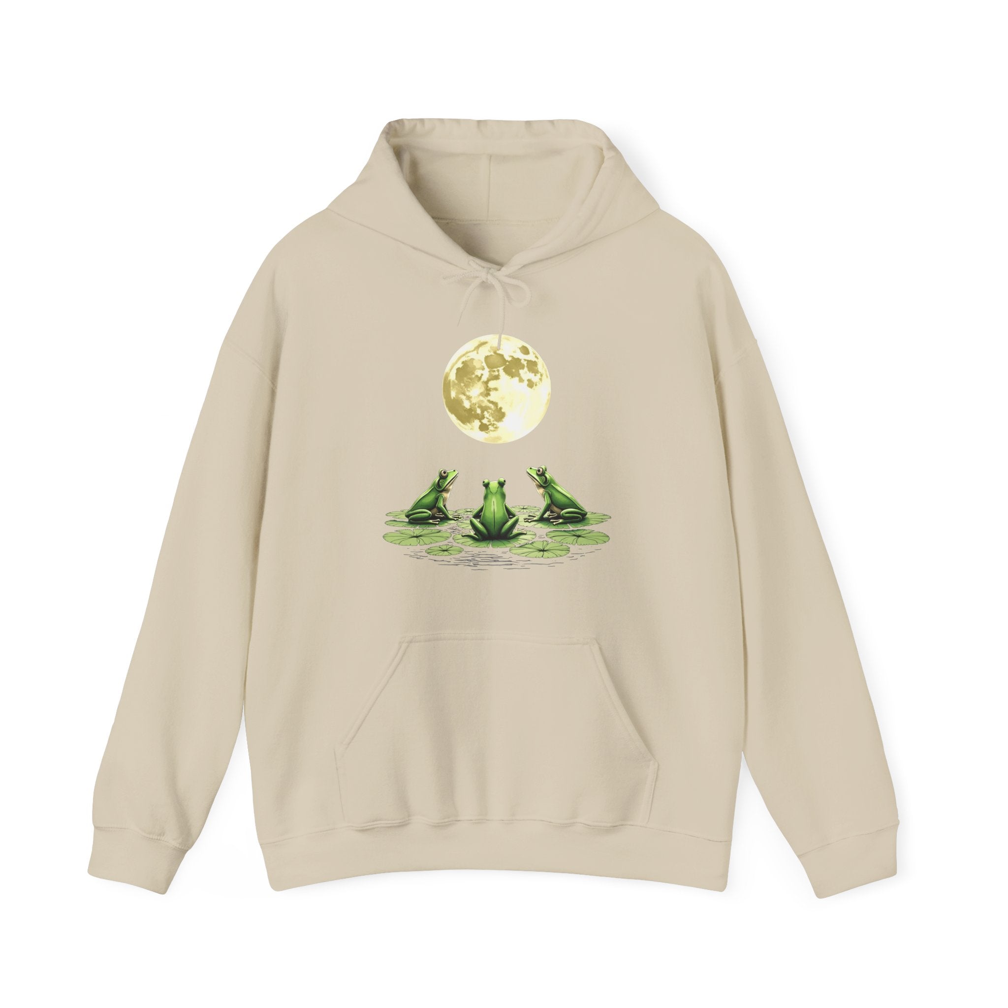 Beige hoodie with frog and moon design on a white background