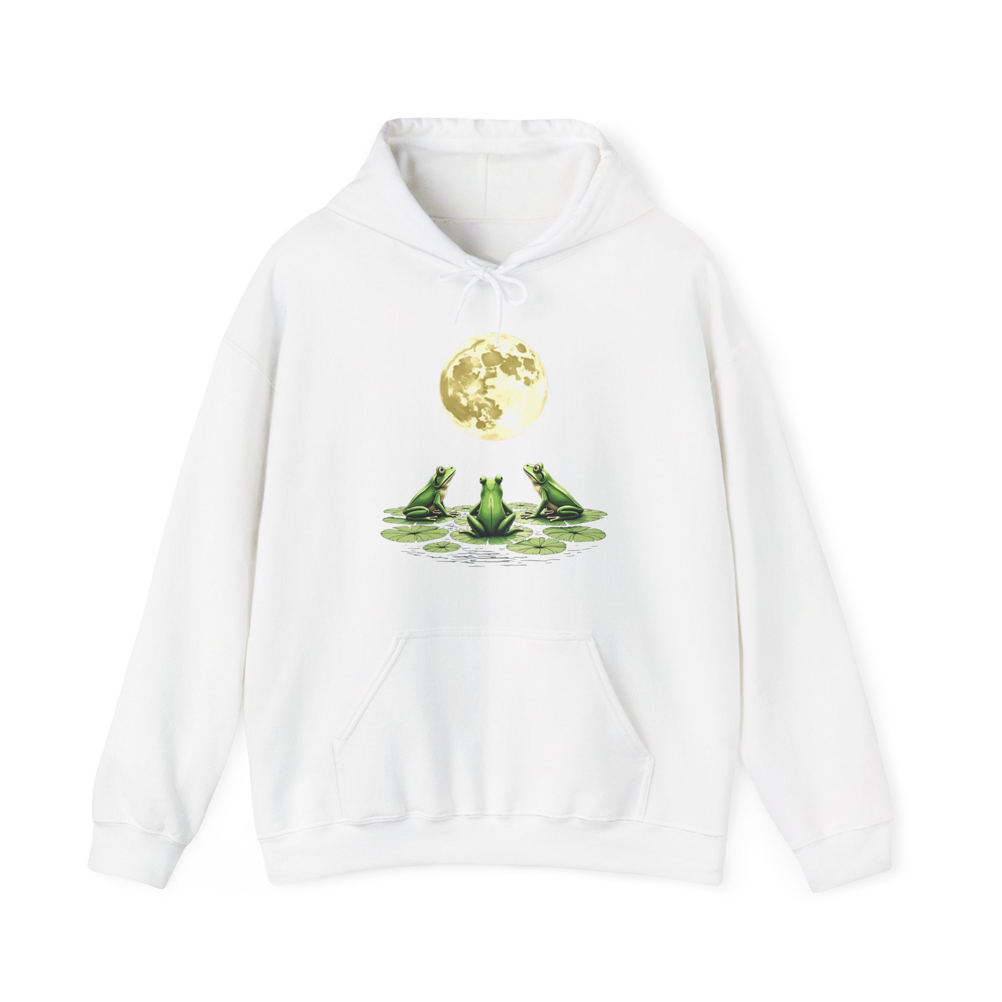 White hoodie with frog and moon design on a white background