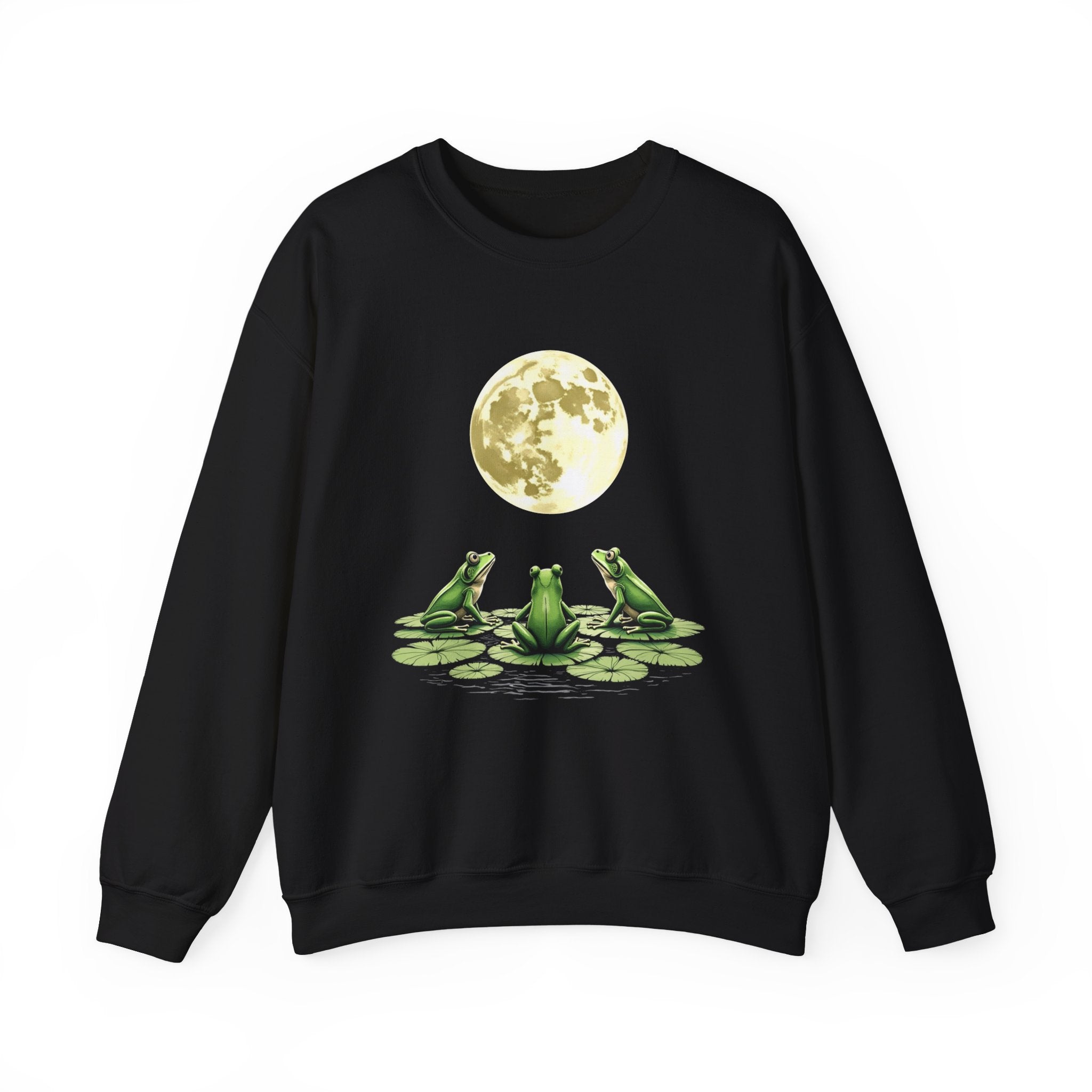 Black sweatshirt with a graphic of three frogs on lily pads and a moon in the background