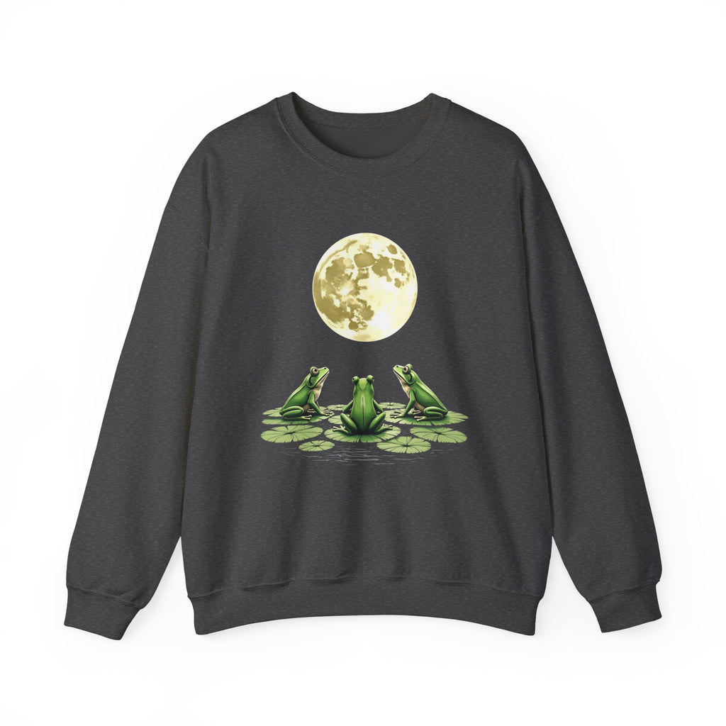 Dark heather gray sweatshirt with frogs and a moon graphic on a white background