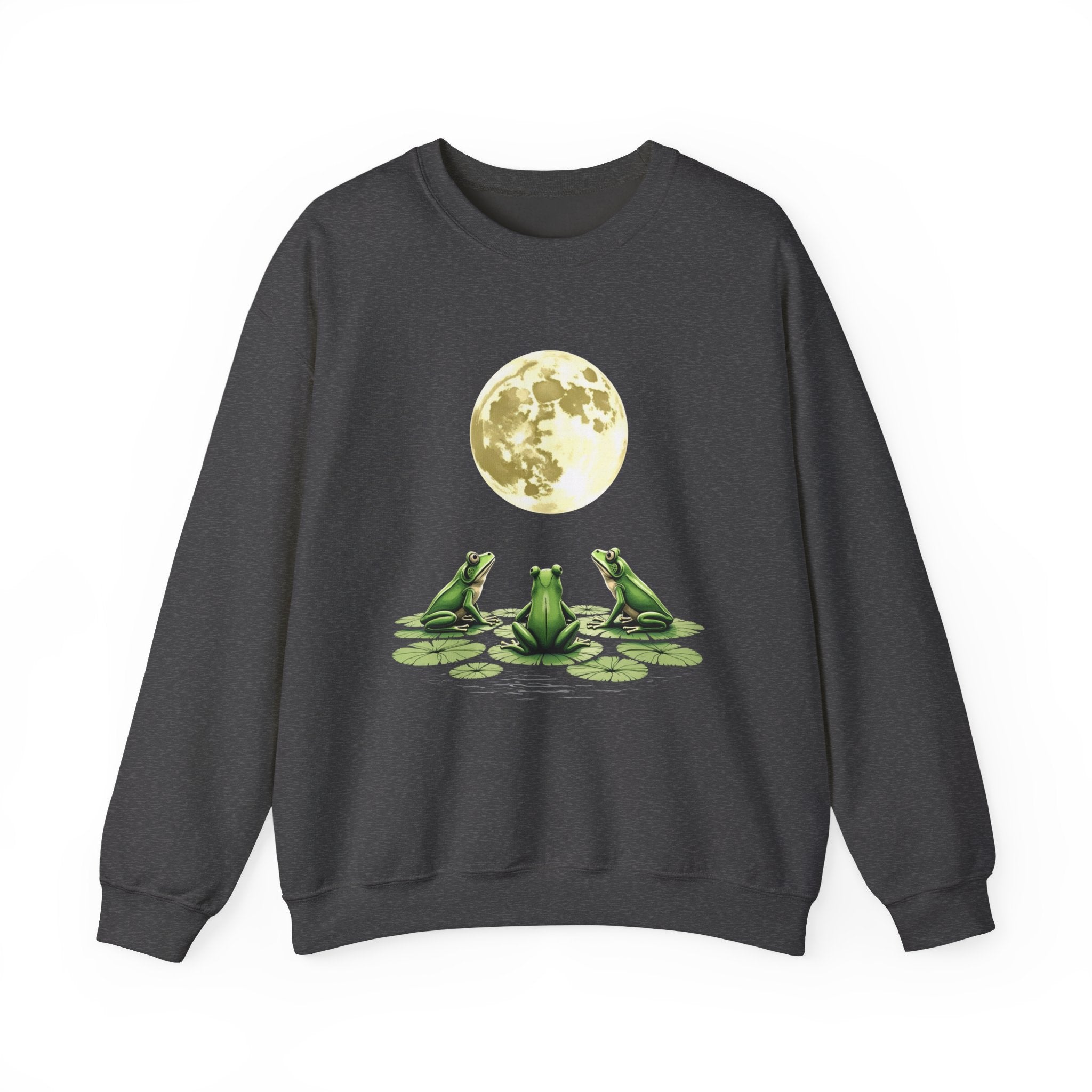 Dark heather gray sweatshirt with frogs and a moon graphic on a white background