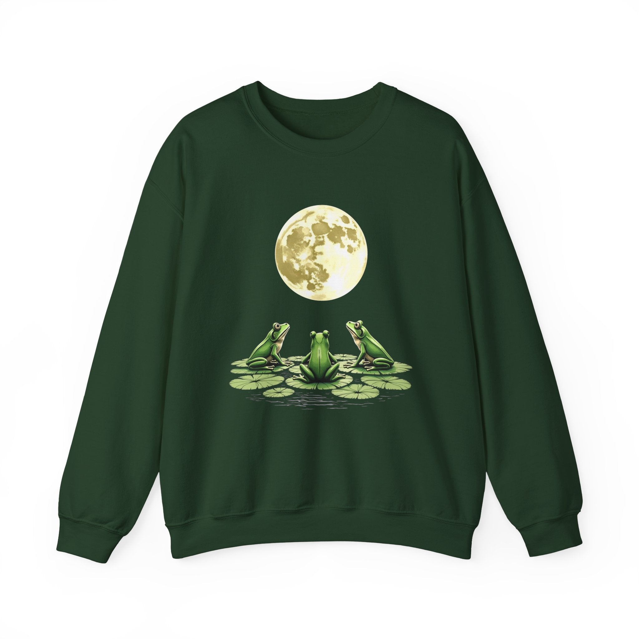Forest green sweatshirt with frogs on lily pads and a moon in the background