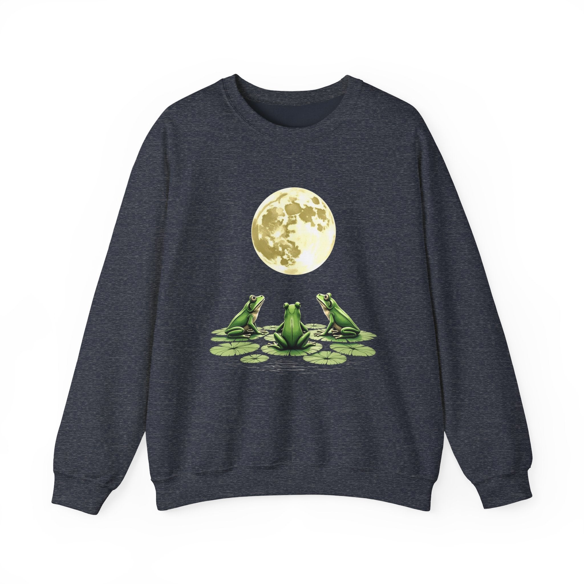 Heather sport dark navy sweatshirt with a graphic of three frogs on lily pads and a full moon.