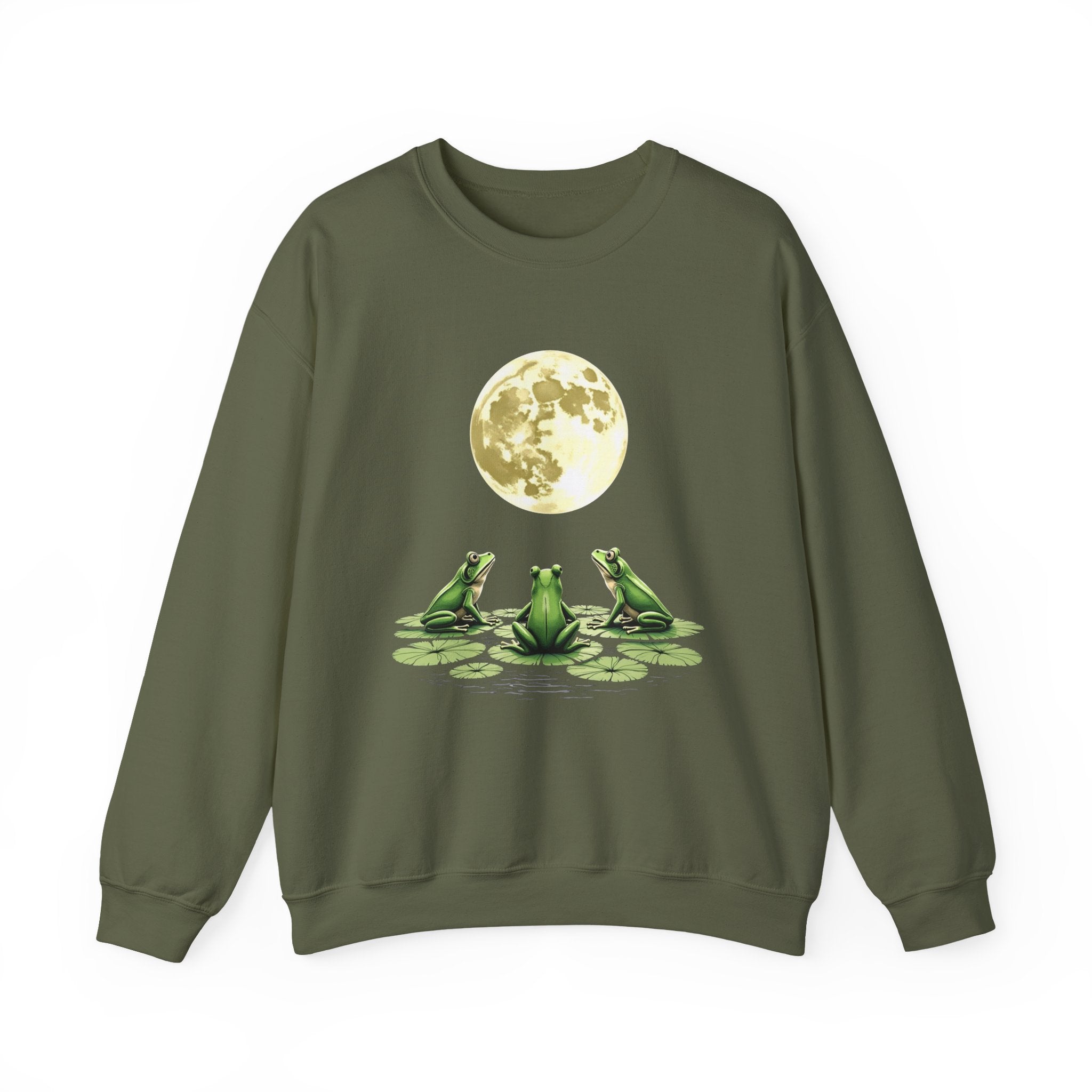 Military green sweatshirt with frogs and a moon design on a white background
