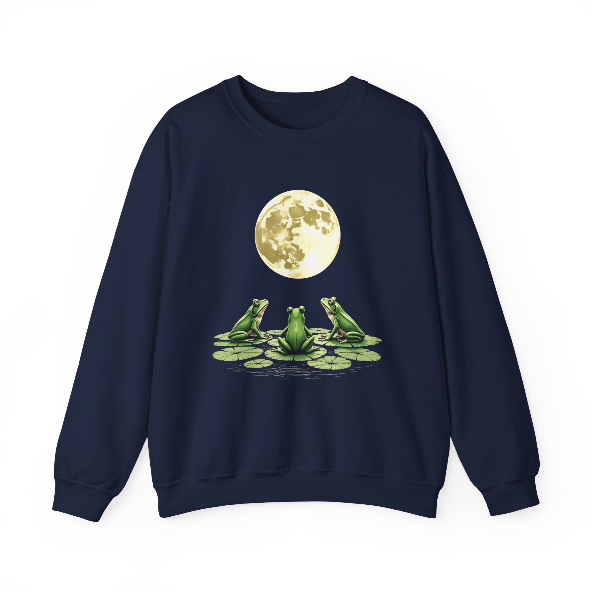 Navy blue sweatshirt with a graphic of three frogs on lily pads and a moon in the background.