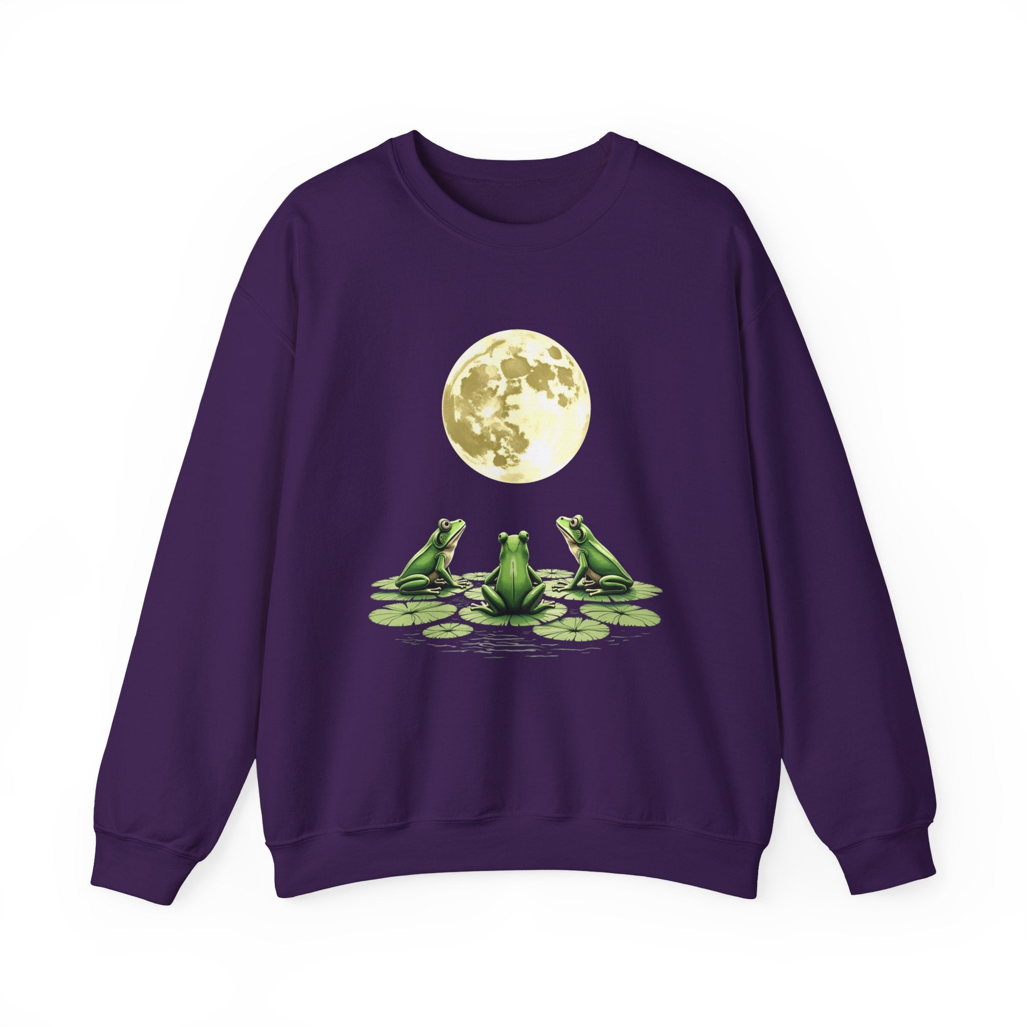 Purple sweatshirt with a graphic of three frogs on lily pads and a moon in the background