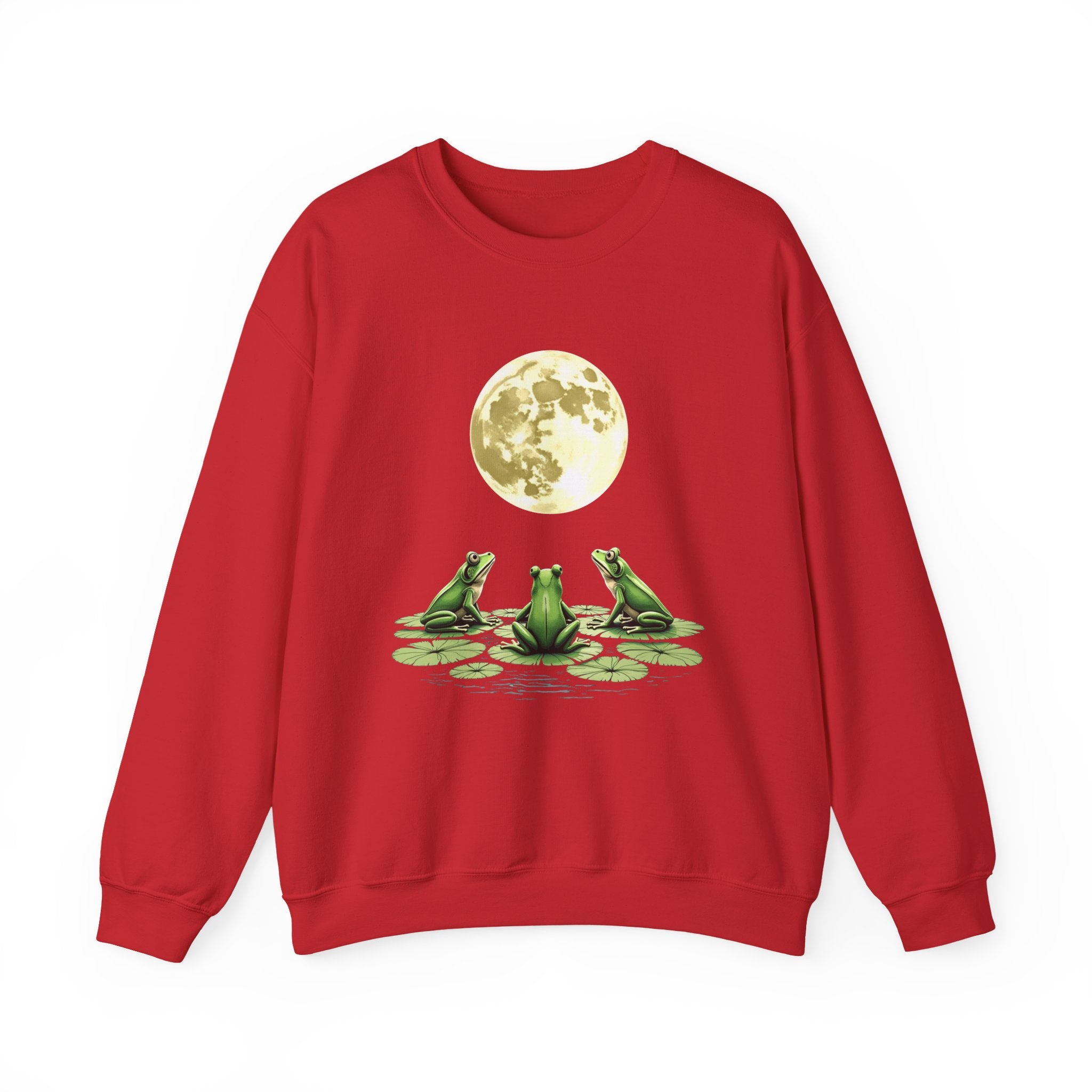 Red sweatshirt with a graphic of three frogs on lily pads and a moon in the background