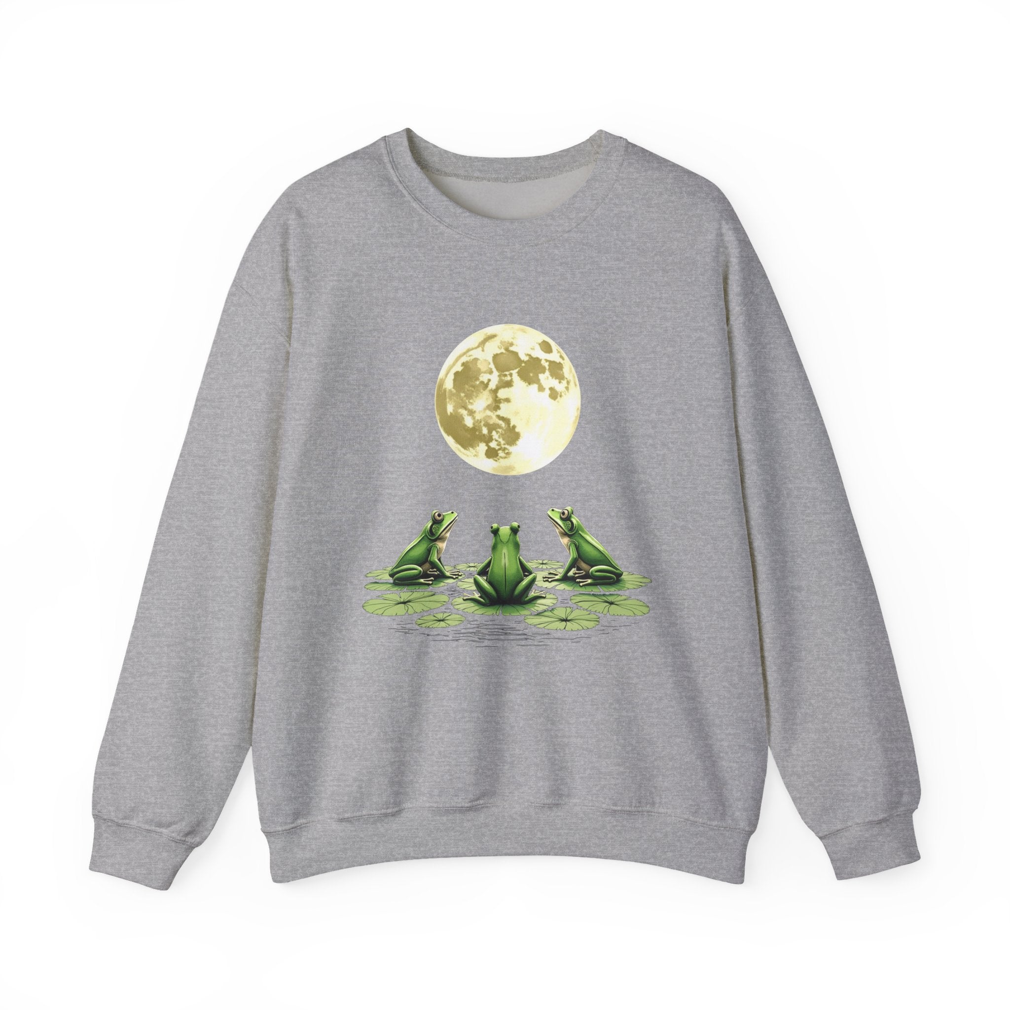Gray sweatshirt with a graphic of three frogs and a moon on a white background