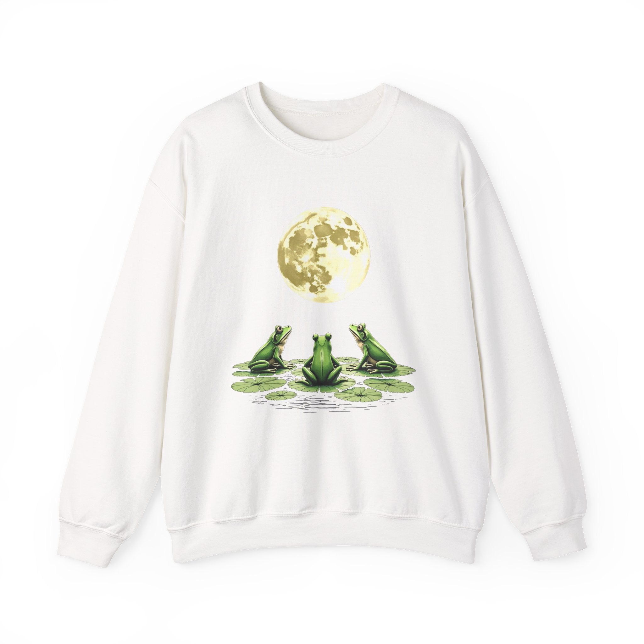 White sweatshirt with a graphic of three frogs and a moon on a white background