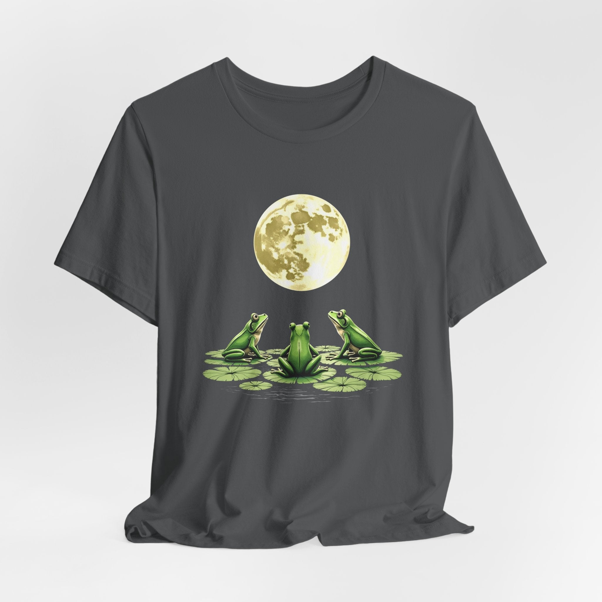 Asphalt grey t-shirt featuring cute frogs sitting on top of water lily watching on the moon graphic on a white background