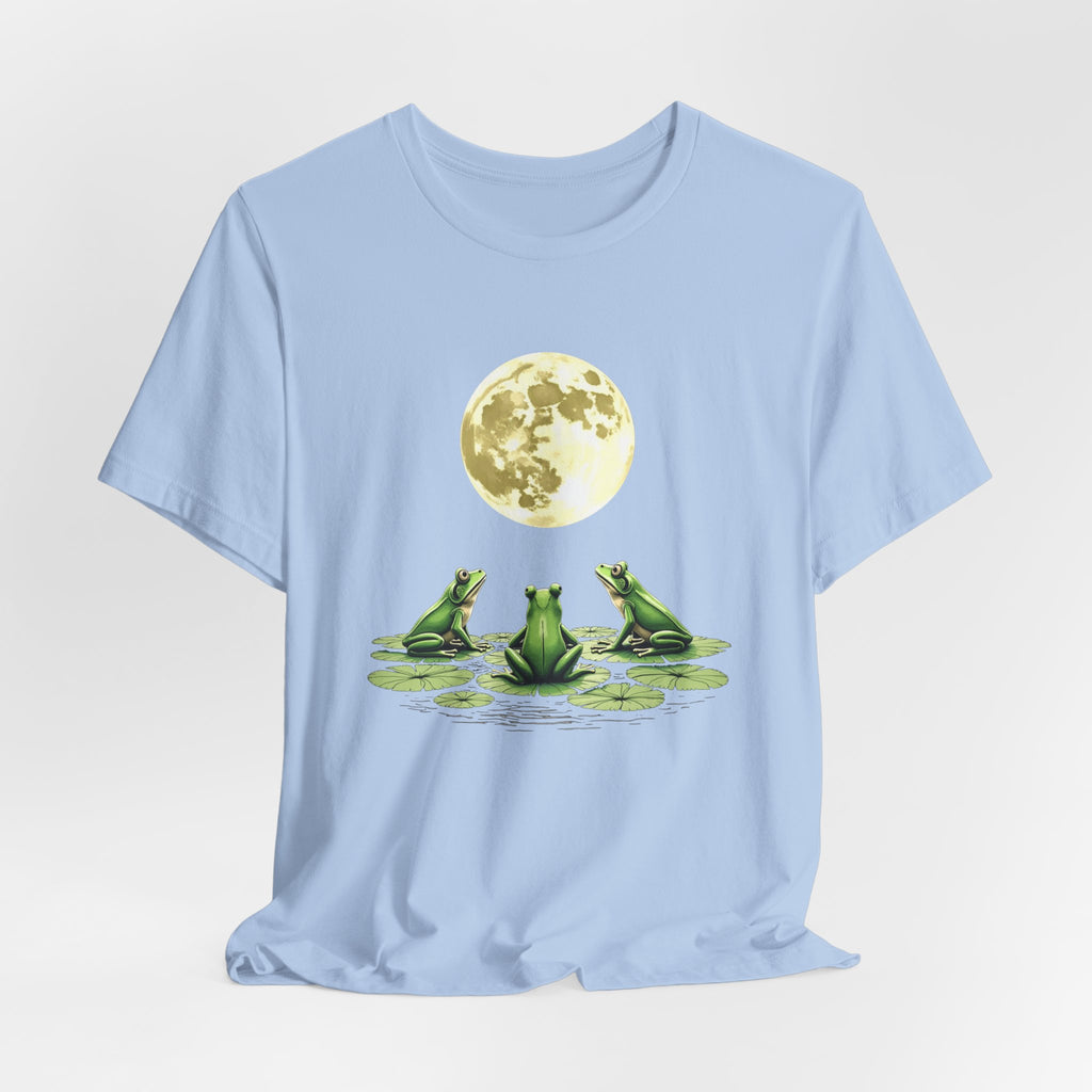 Baby light blue t-shirt featuring cute frogs sitting on top of water lily watching on the moon graphic on a white background