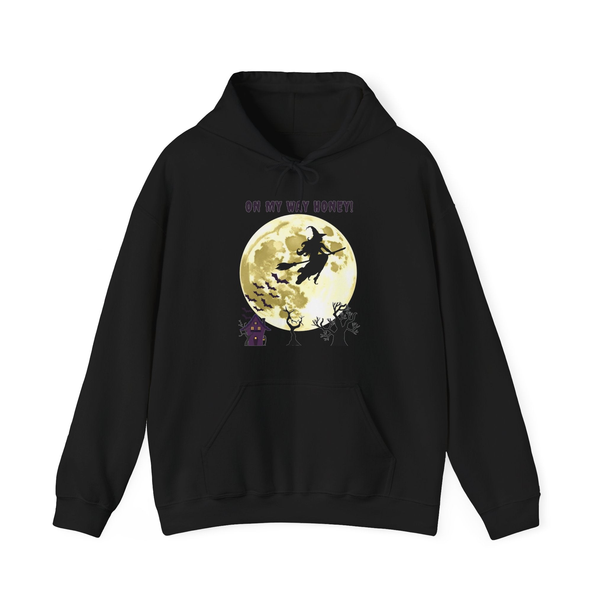 Black hoodie with a witch and moon graphic on a white background