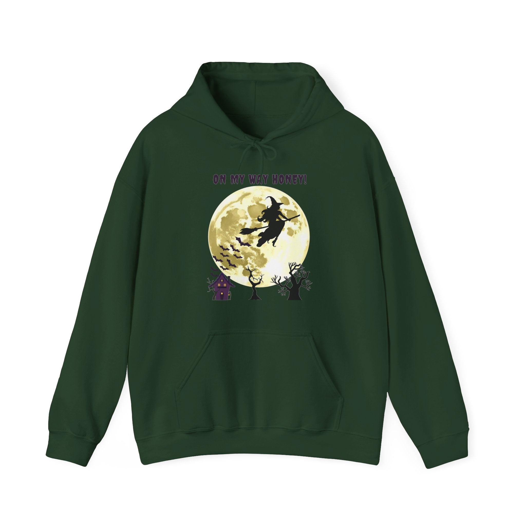 Forest green hoodie with a witch and moon graphic on a white background