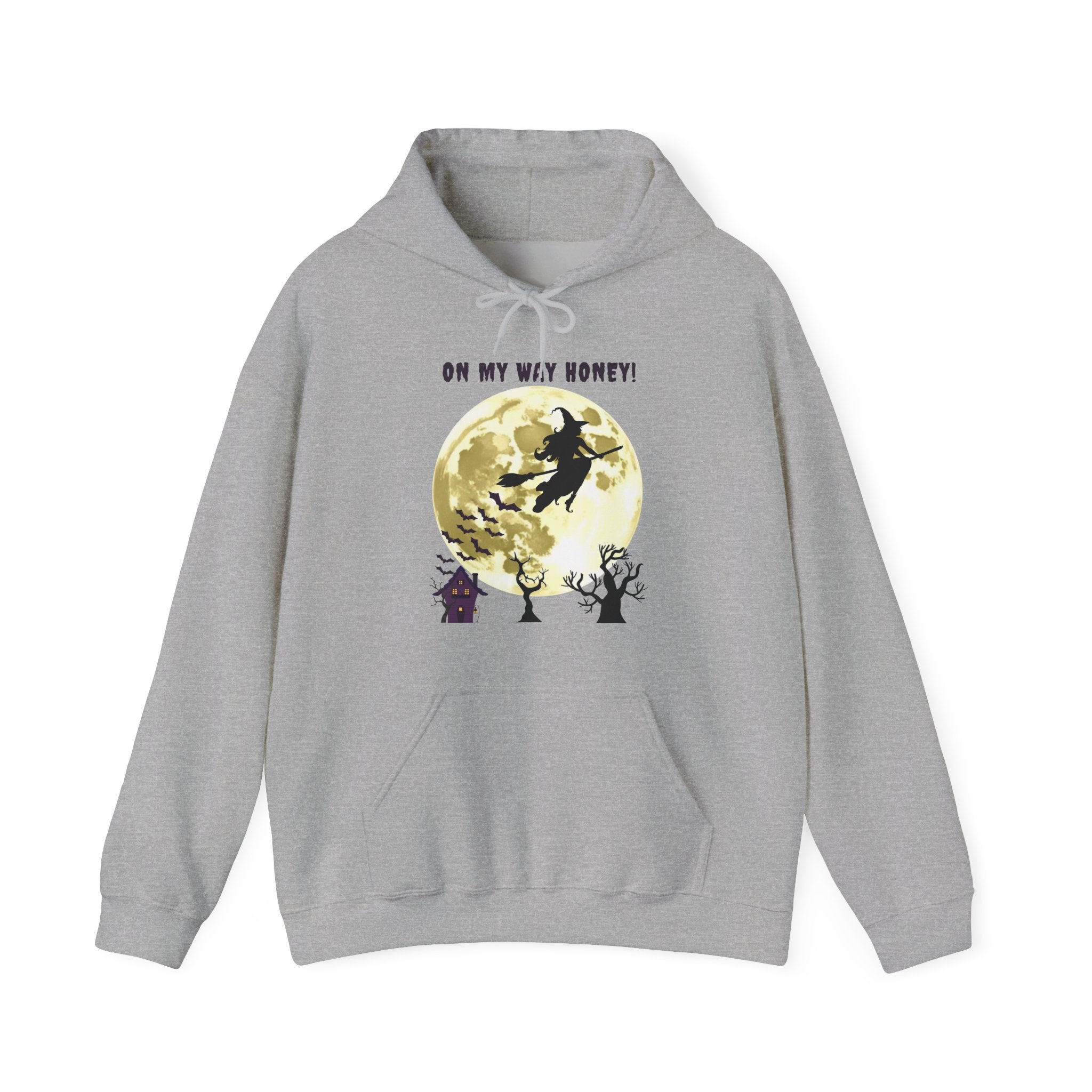 Gray hoodie with Halloween-themed design featuring a witch and text 'On My Way Honey!' on a white background.