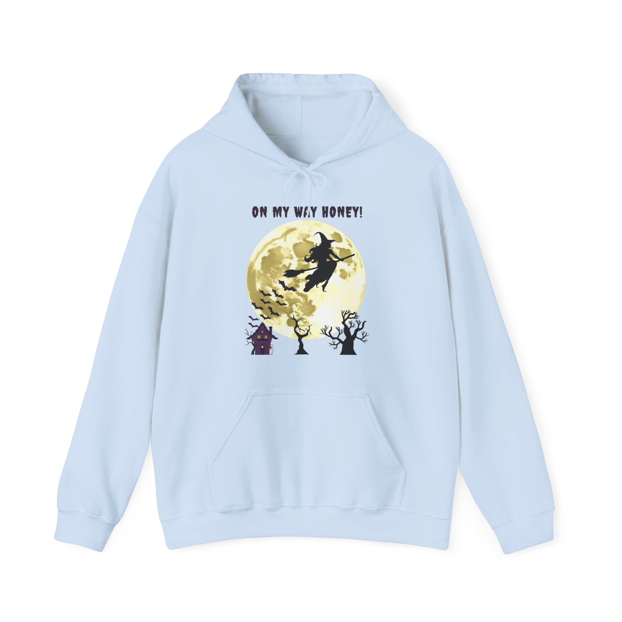 Light blue hoodie with a graphic design of a witch and moon, featuring text 'On my way honey!'.