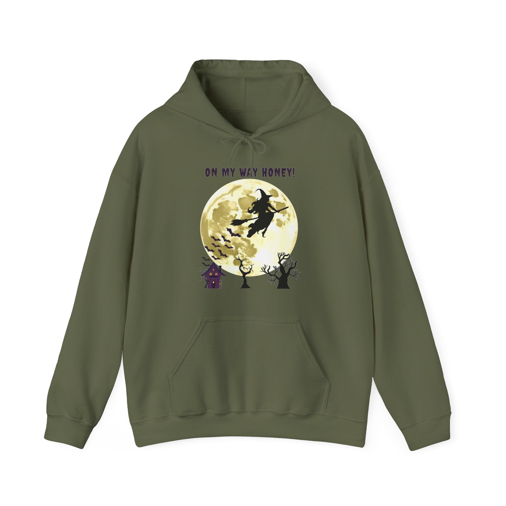 Military green hoodie with Halloween design featuring a witch, moon, and ghost on a white background