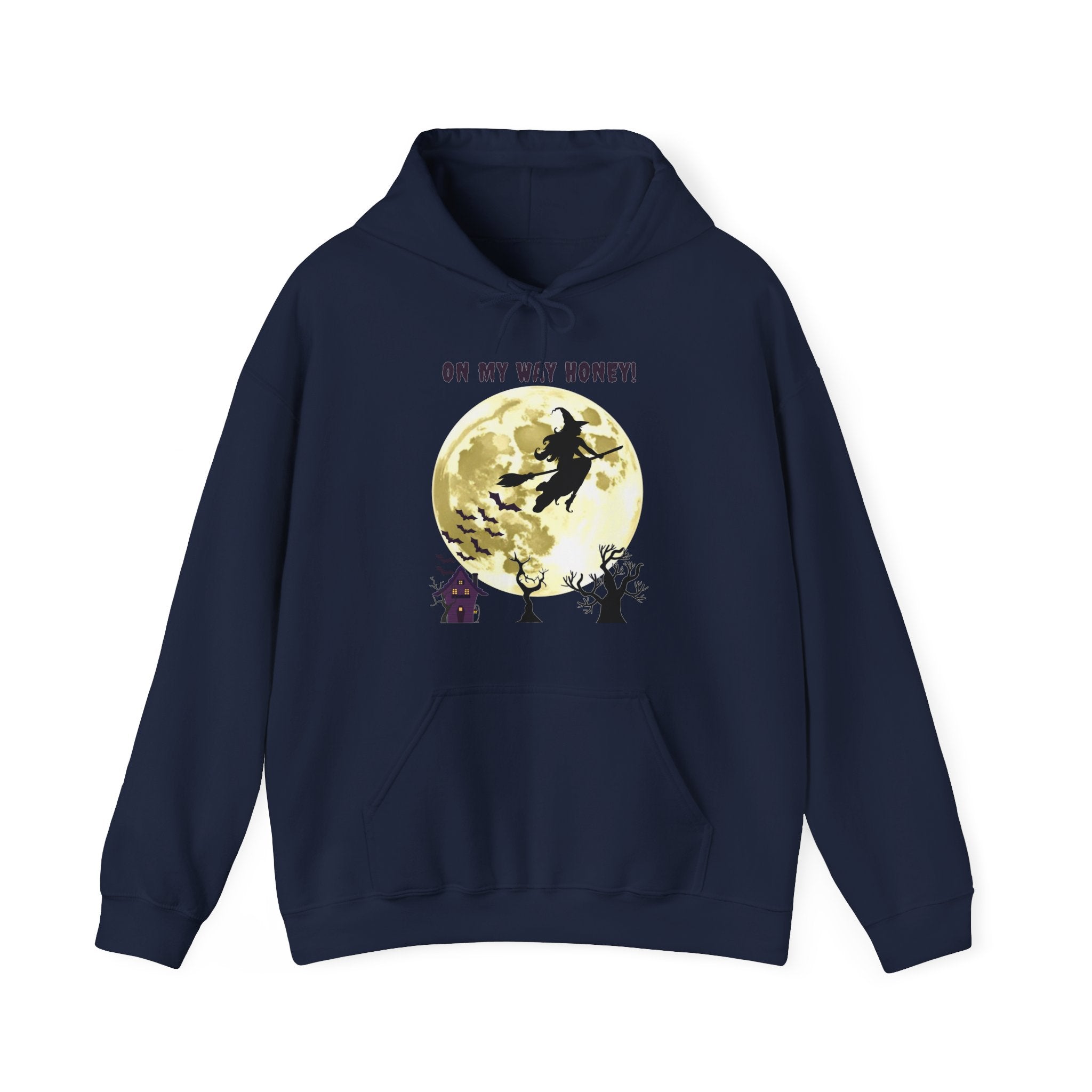 Navy blue hoodie with Halloween-themed graphic on a white background