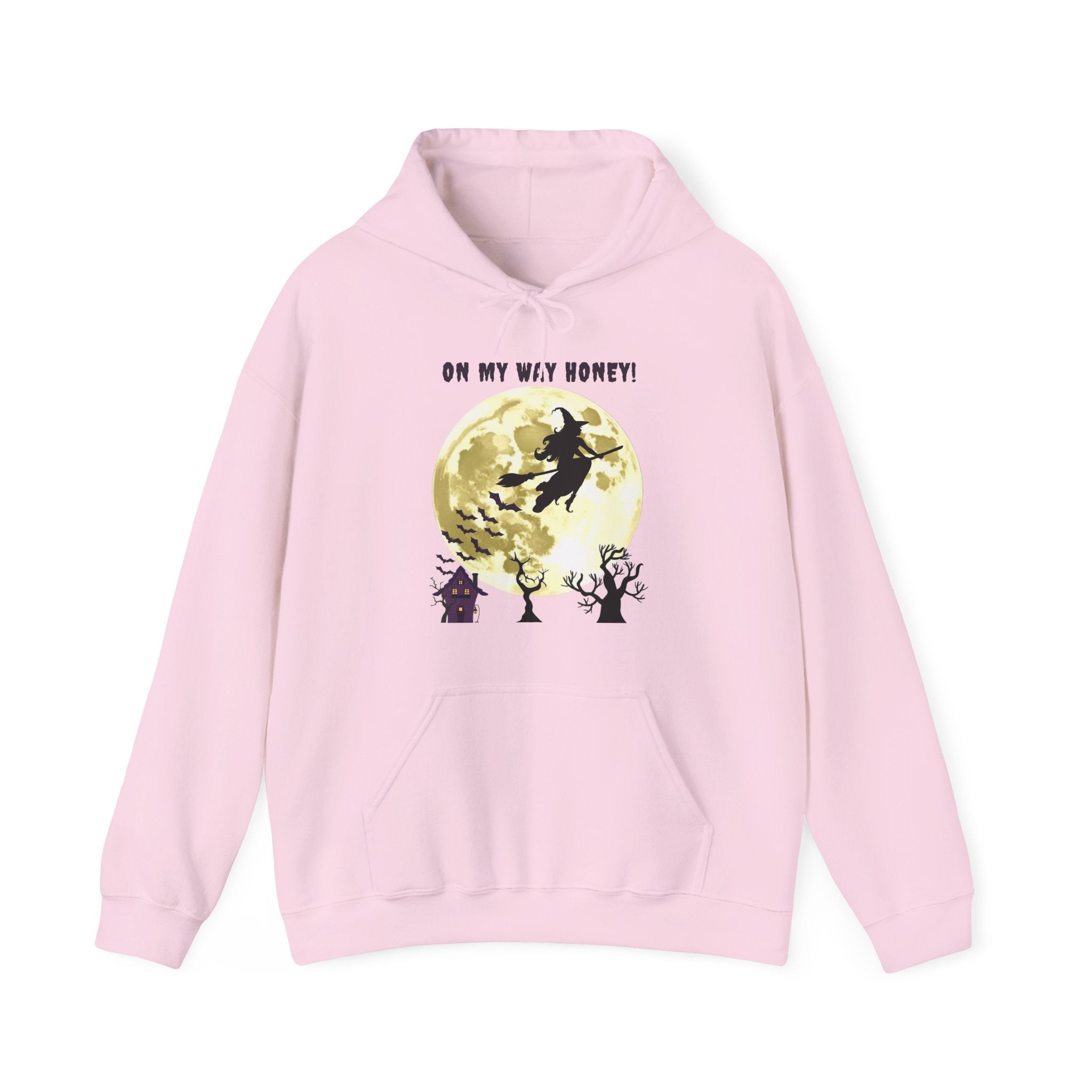 Pink hoodie with a witch graphic and text on a white background
