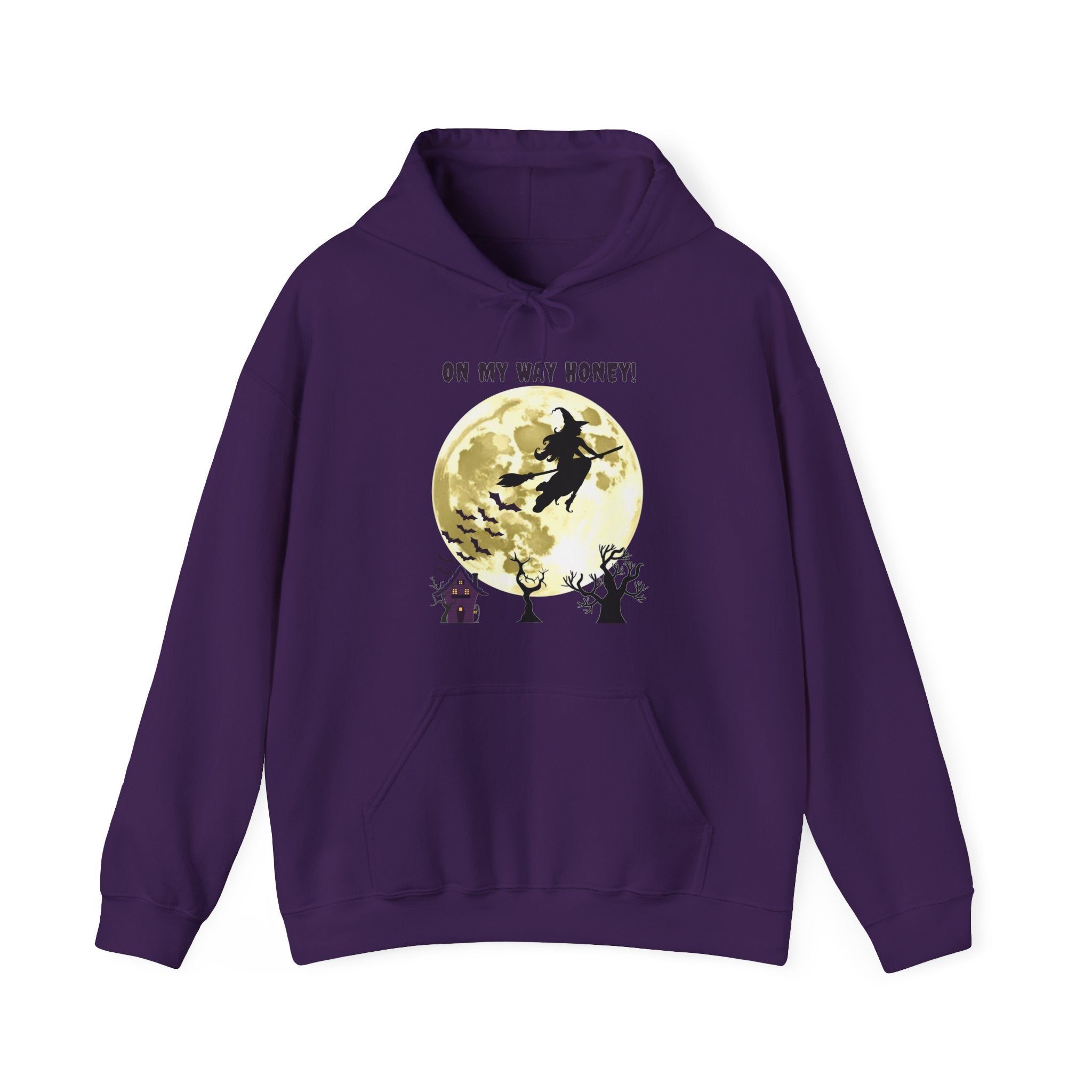 Purple hoodie with Halloween-themed design on a white background