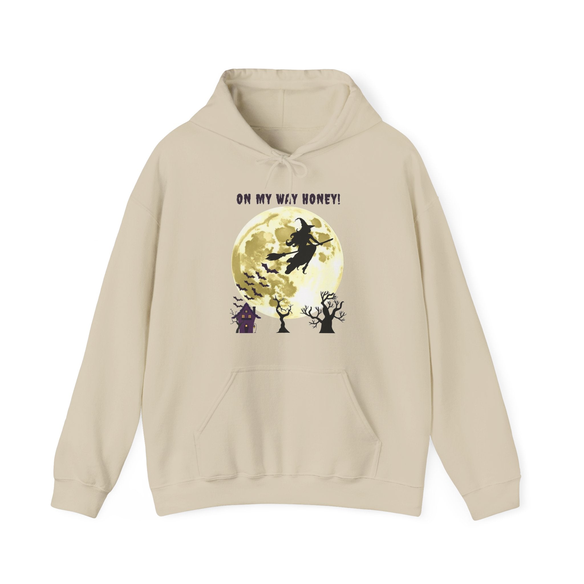 Beige hoodie with Halloween-themed design featuring a witch and moon on a white background