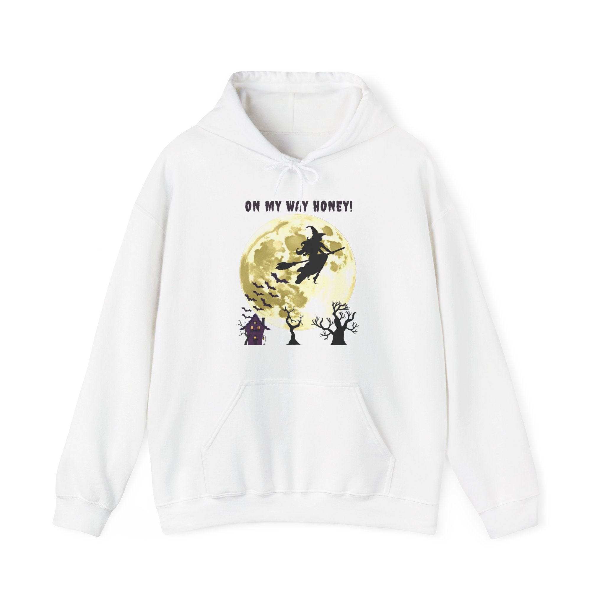 White hoodie with a graphic design featuring a witch and text on a white background