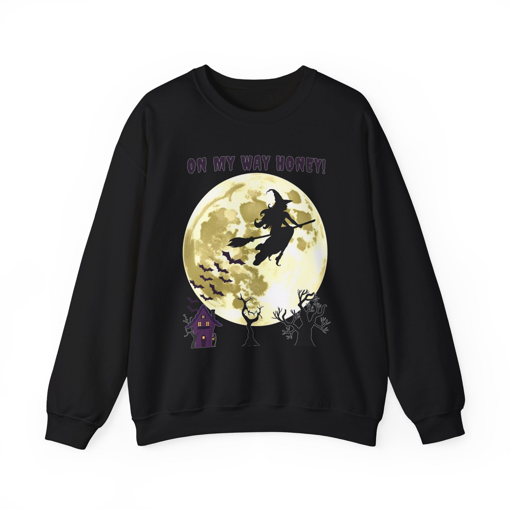 Black sweatshirt with Halloween design featuring a witch, moon, and text on a white background