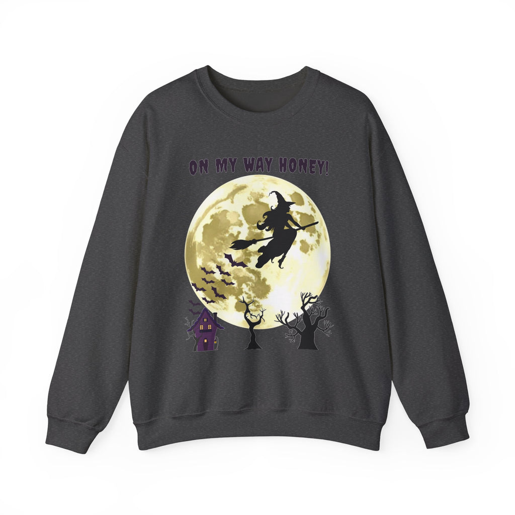 Dark gray sweatshirt with Halloween design featuring a witch and moon on a white background
