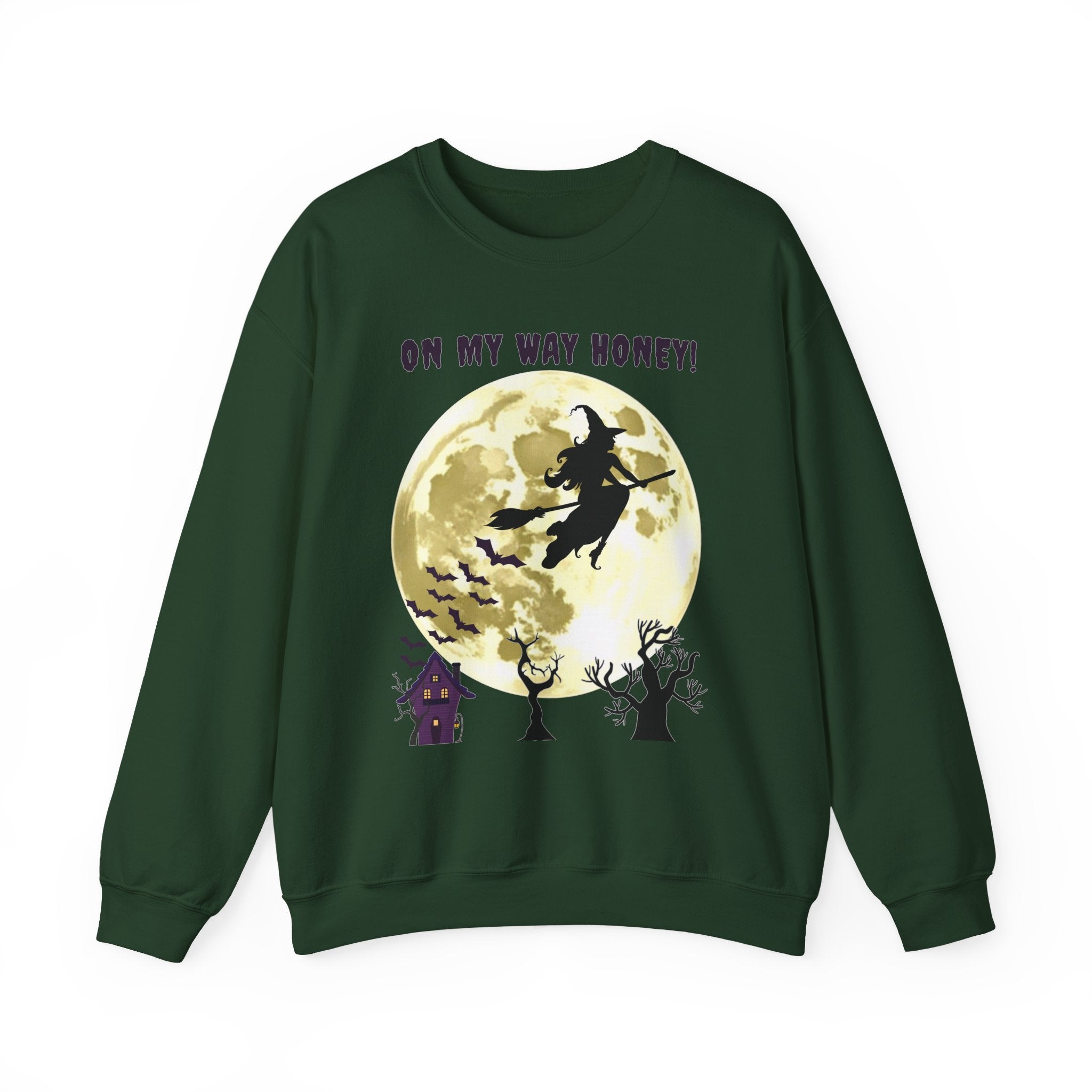 Forest green sweatshirt with Halloween design featuring a witch, moon, and text on a white background