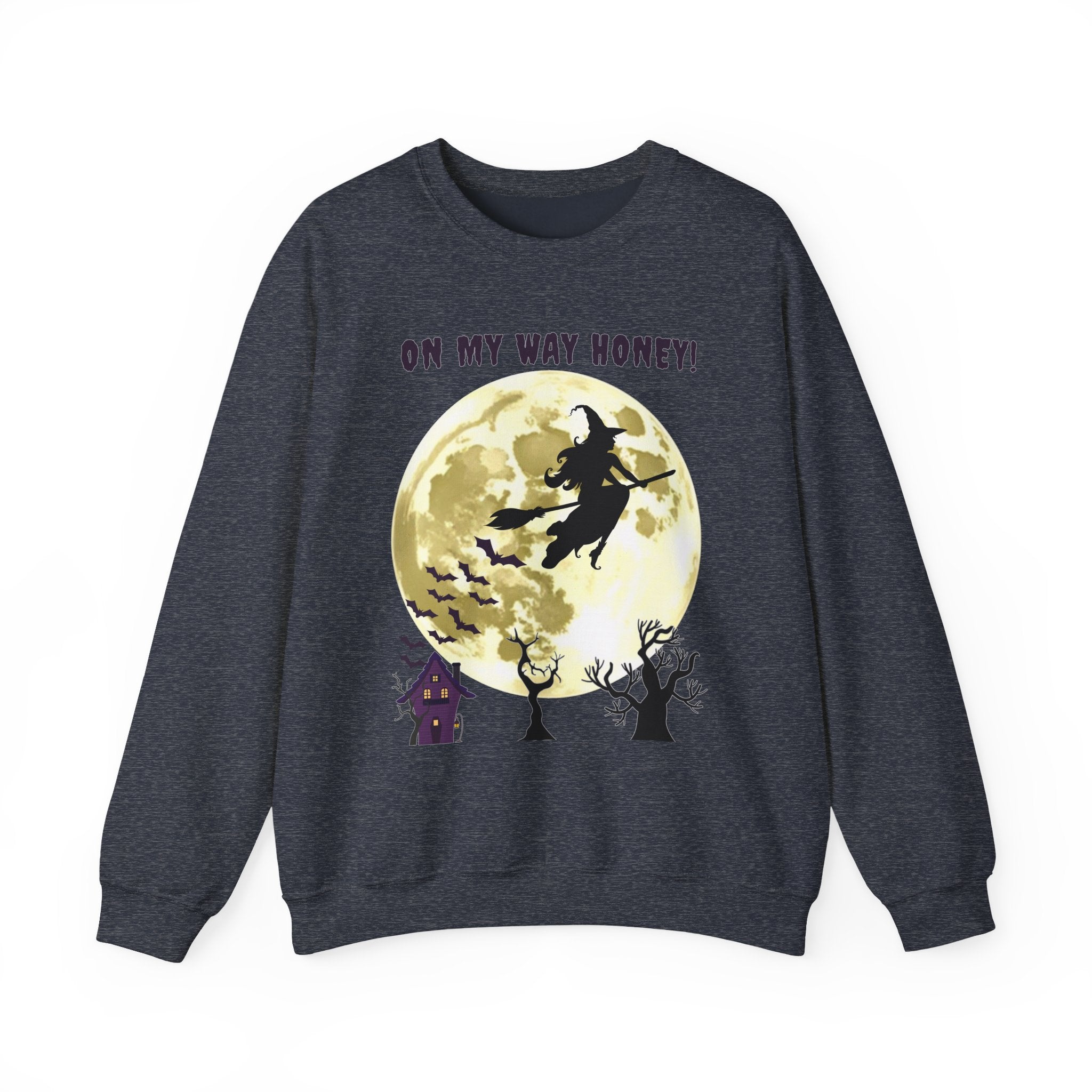 Heather sport dark navy sweatshirt with Halloween design featuring a witch, moon, and text 'On My Way Honey' on a white background.