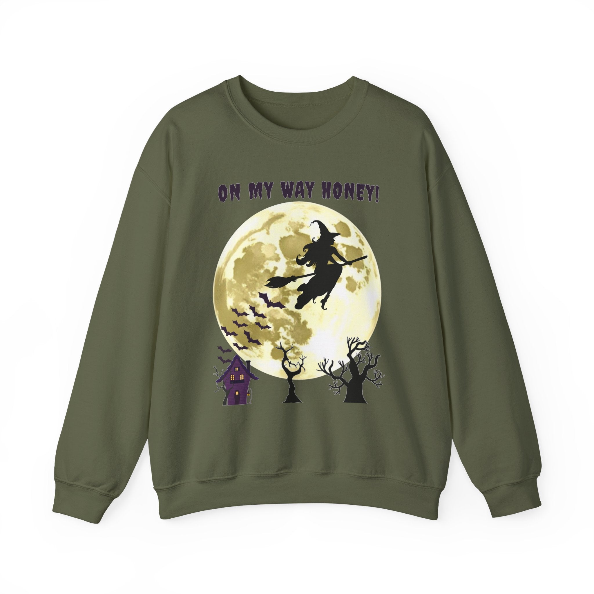 Military green sweatshirt with Halloween design featuring a witch and moon on a white background