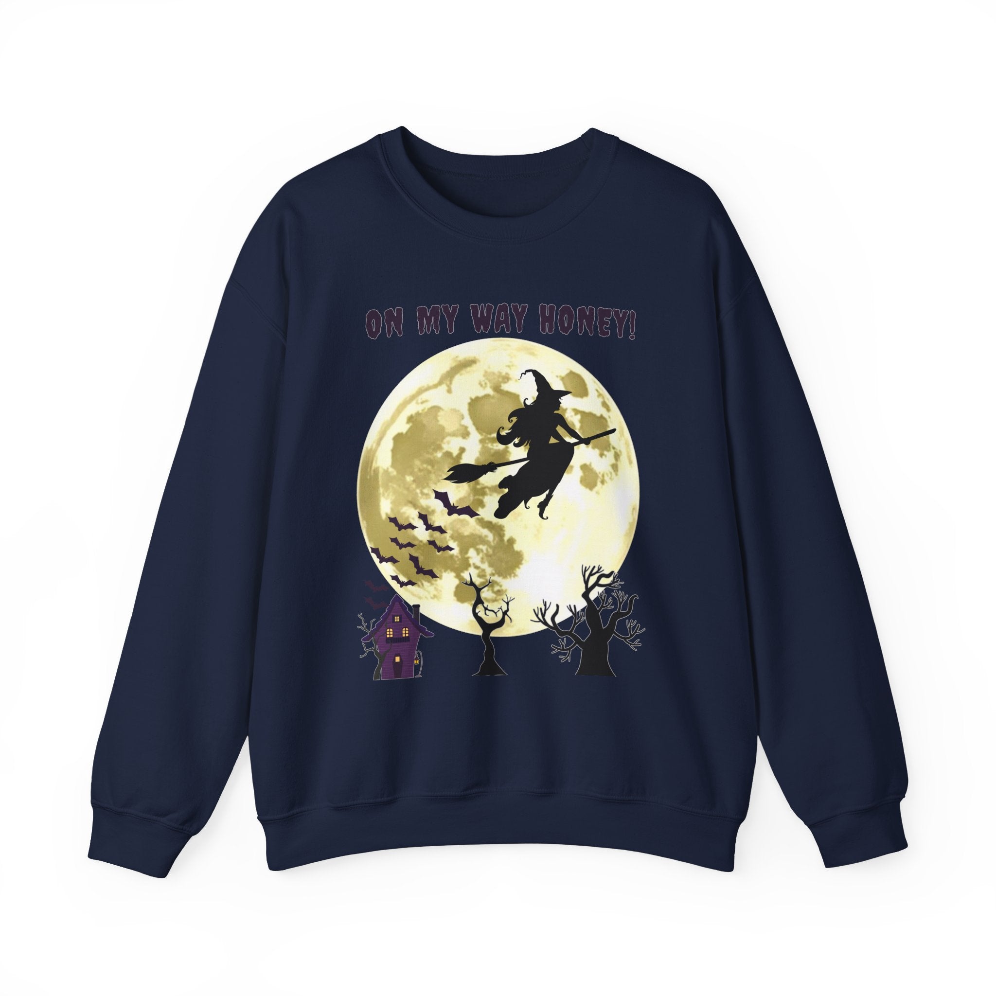 Navy blue sweatshirt with Halloween design featuring a witch and moon on a white background
