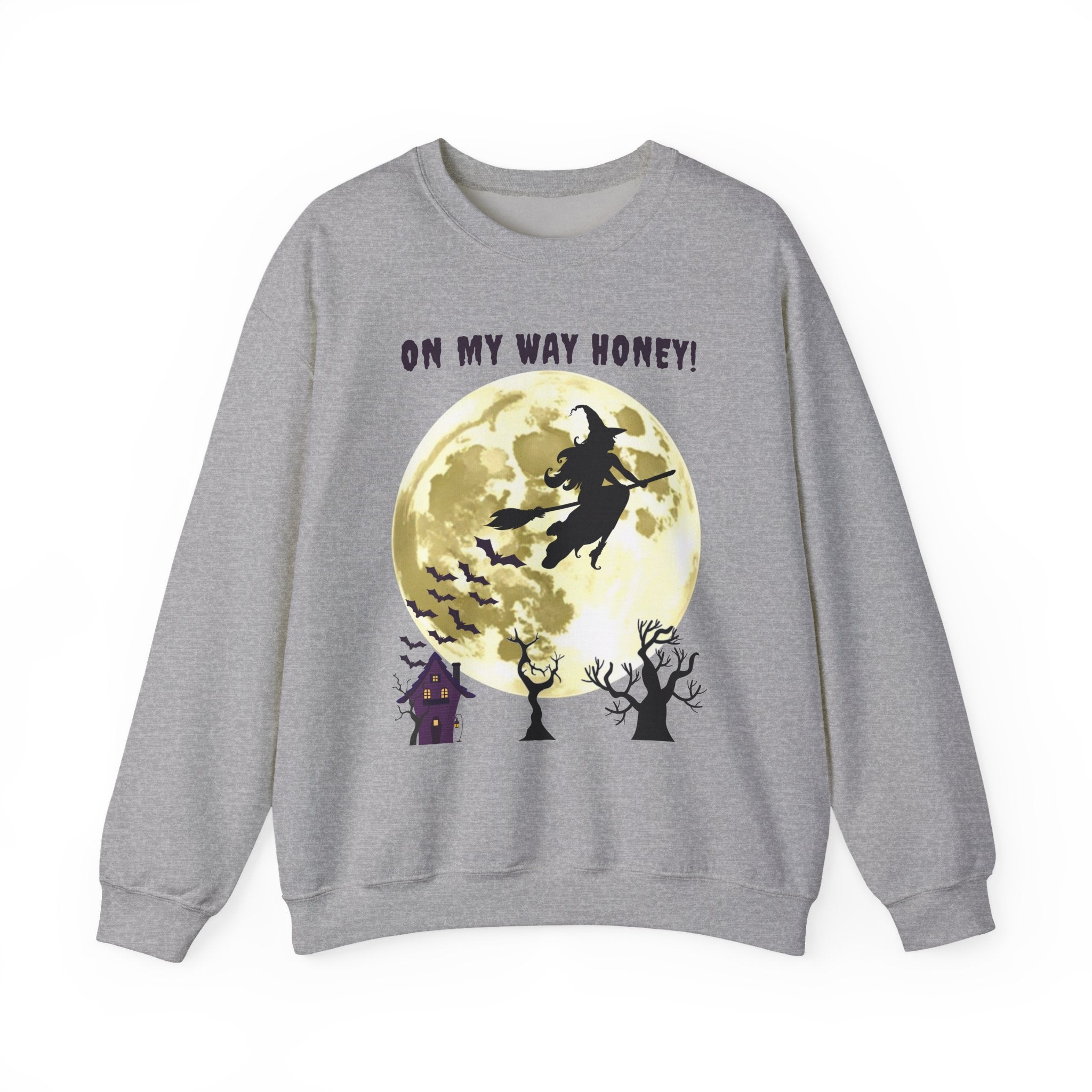 Gray sweatshirt with Halloween design featuring a witch and moon on a white background
