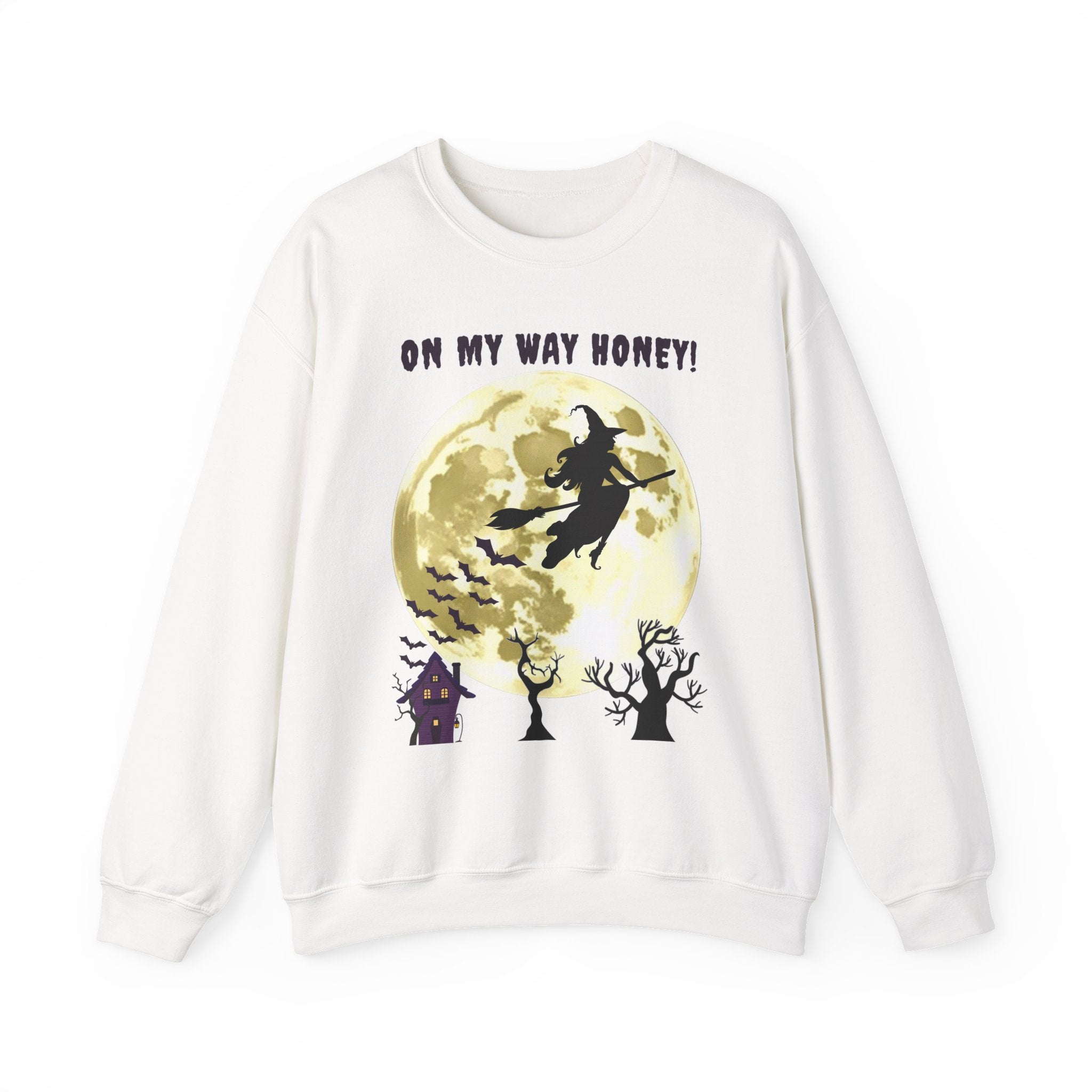 White sweatshirt with Halloween design featuring a witch and moon on a white background
