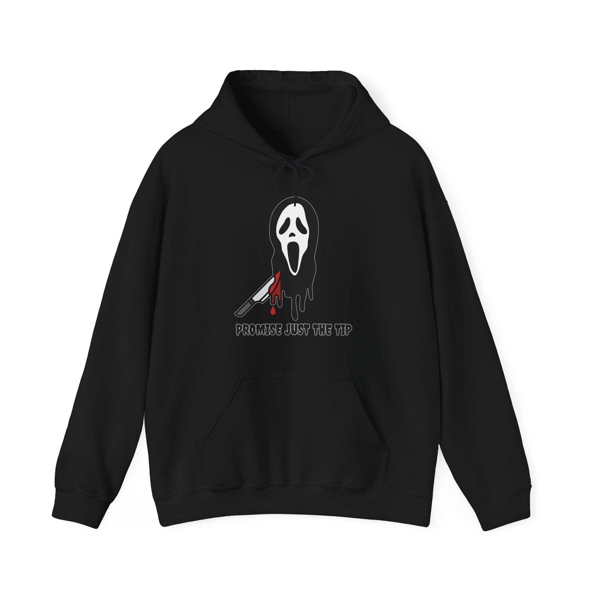 Black hoodie with a graphic design on a white background