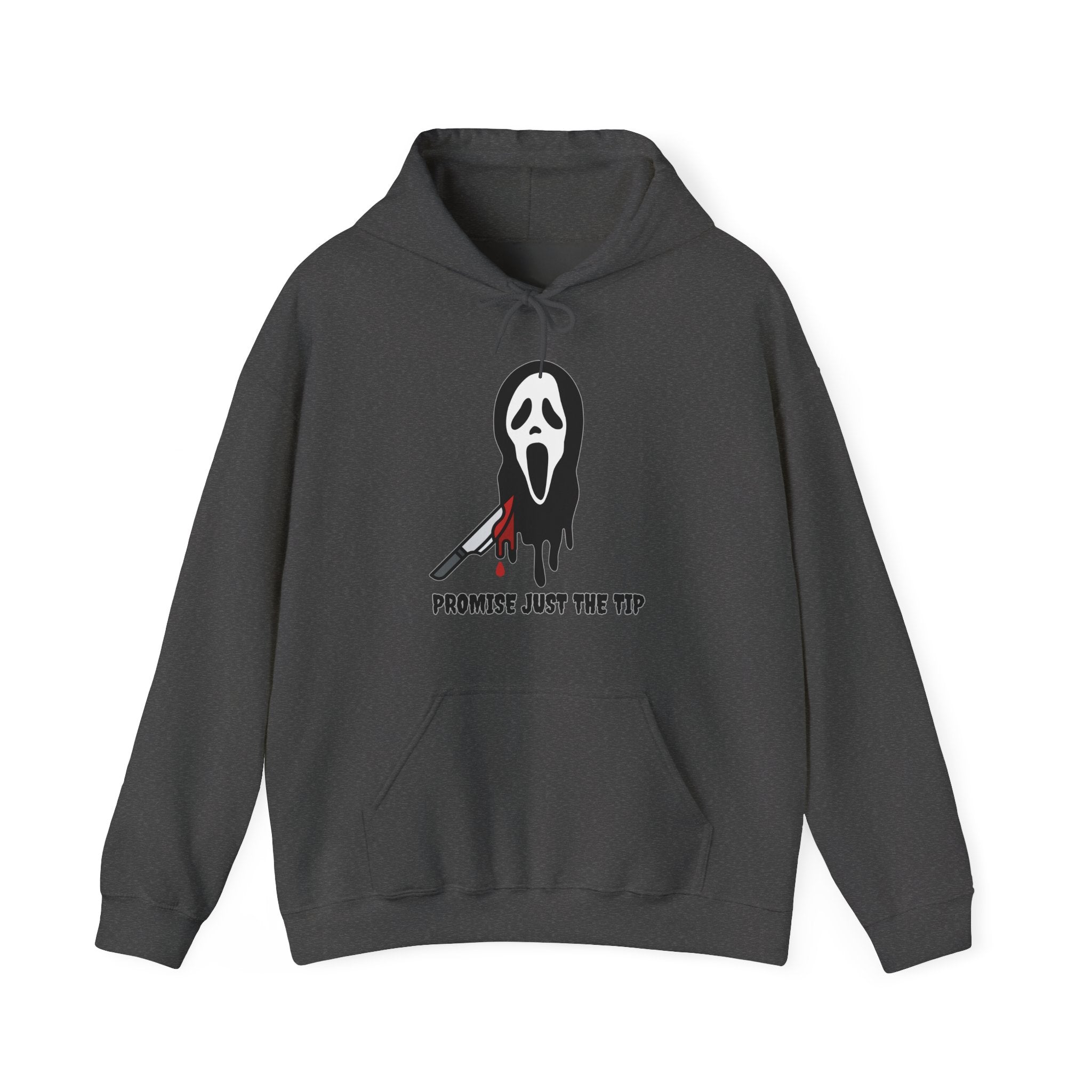 Dark gray hoodie with a graphic design on a white background