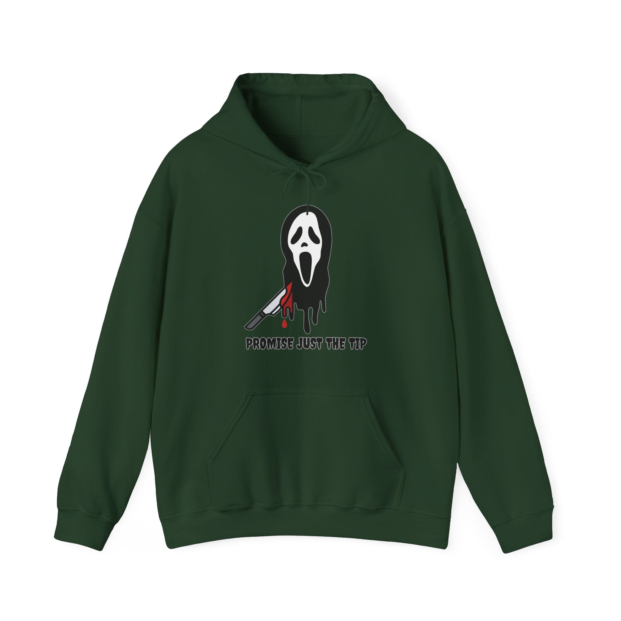 Forest green hoodie with a graphic design on a white background