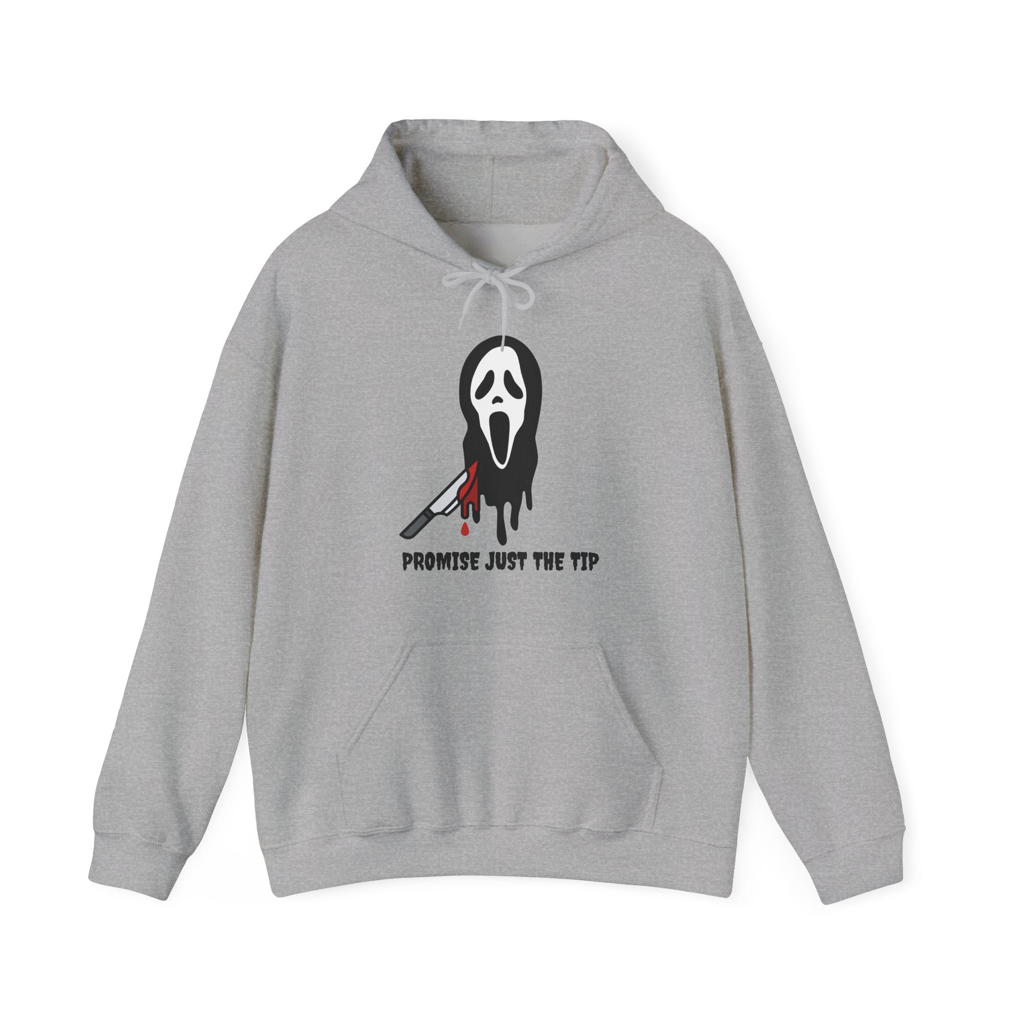 Gray hoodie with a graphic design on a white background