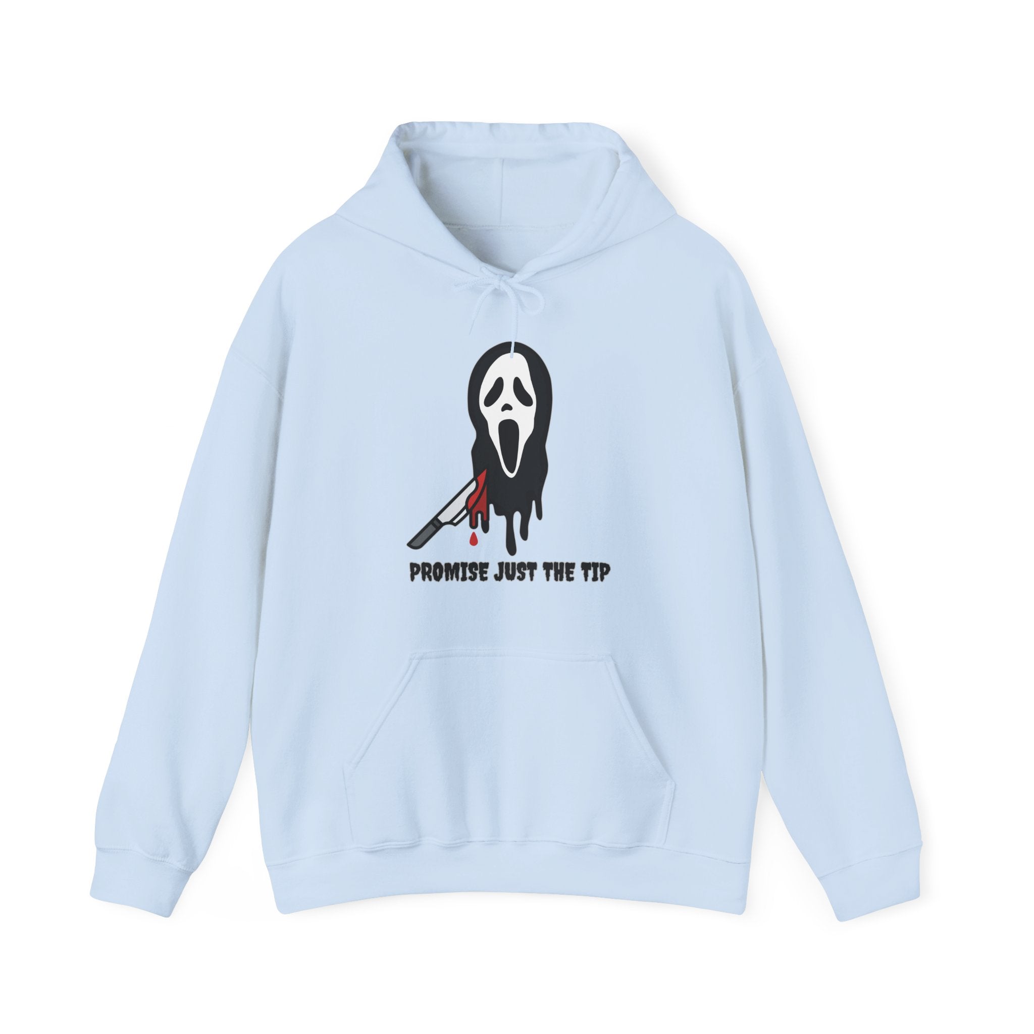 Light blue hoodie with a graphic design on a white background
