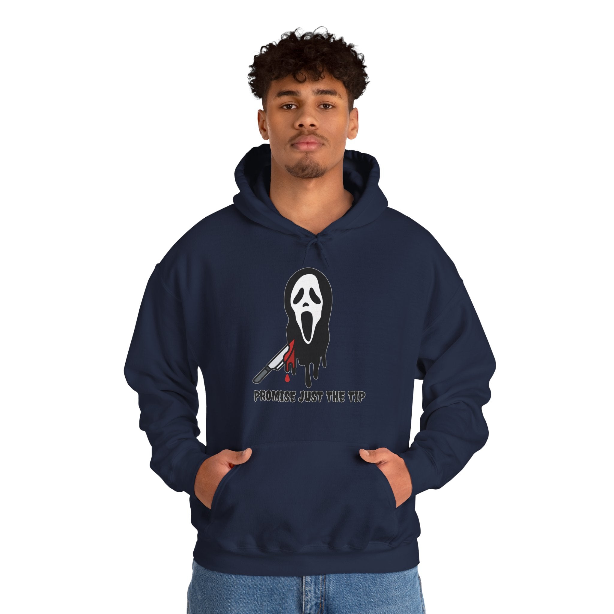 Person wearing a navy hoodie with a graphic design on a white background
