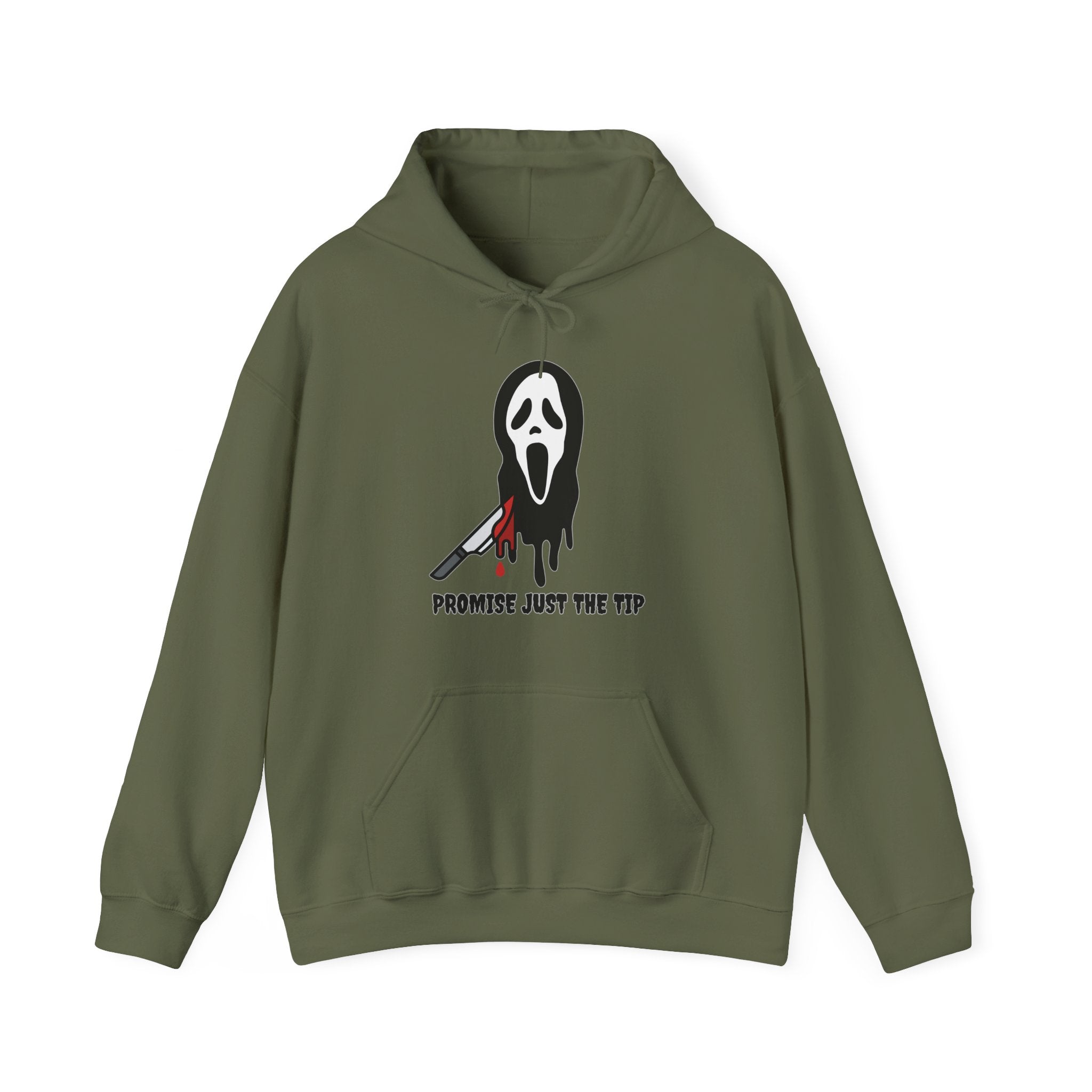 Military green hoodie with a graphic design on a white background