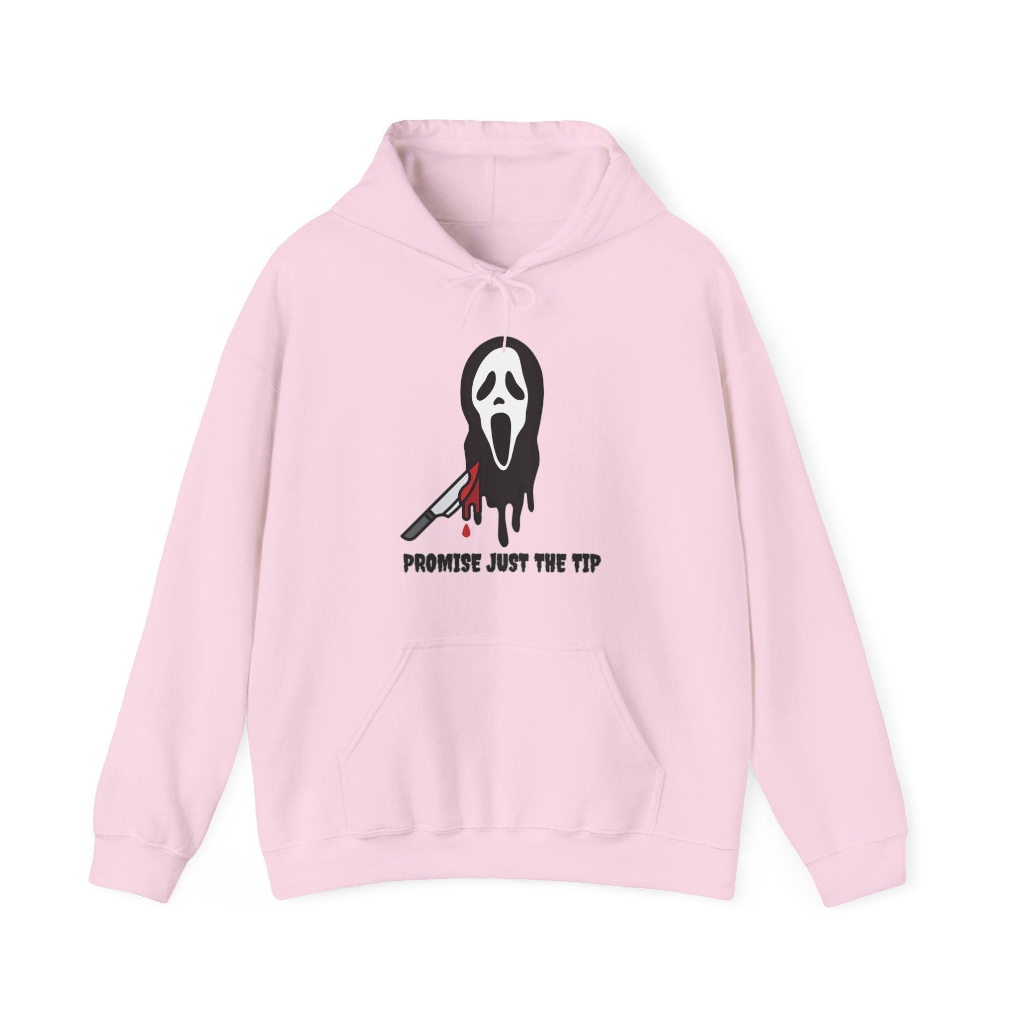 Pink hoodie with a graphic design on a white background