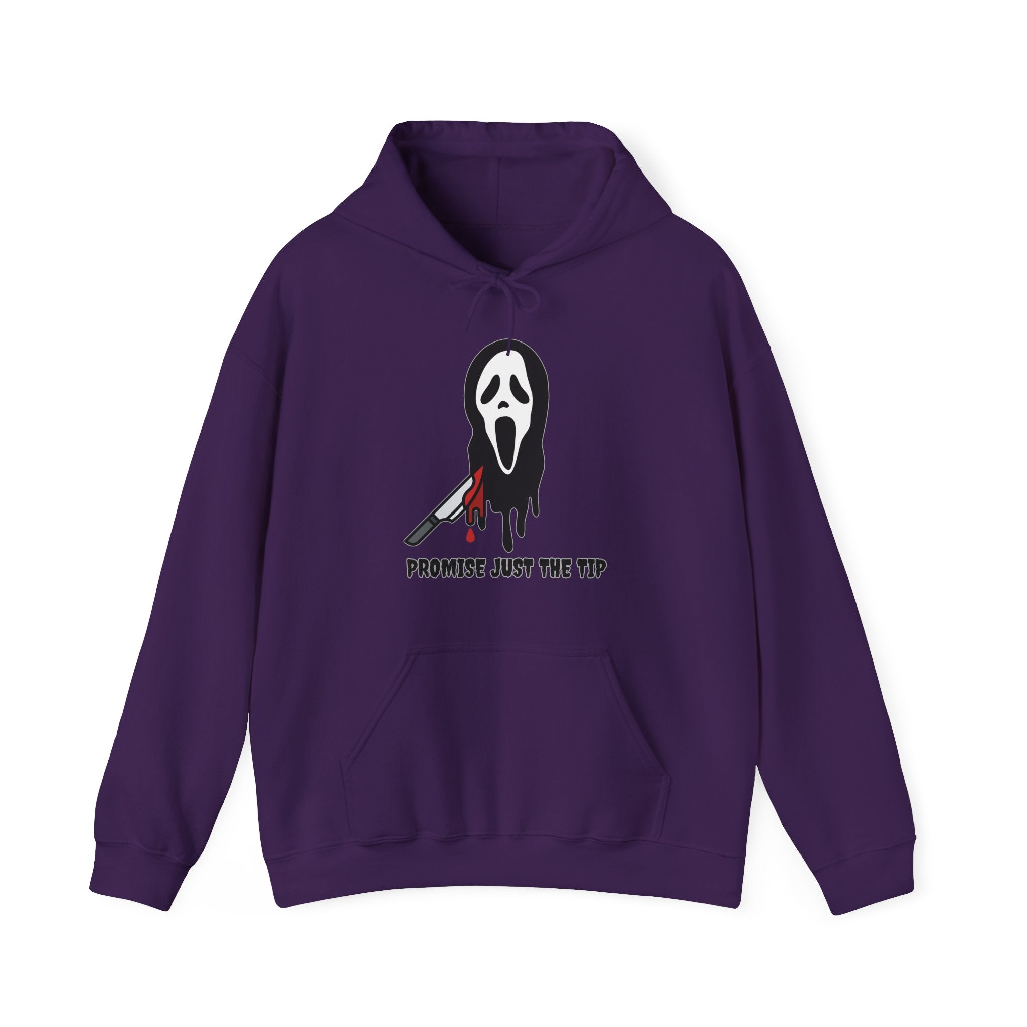 Purple hoodie with a graphic design on a white background