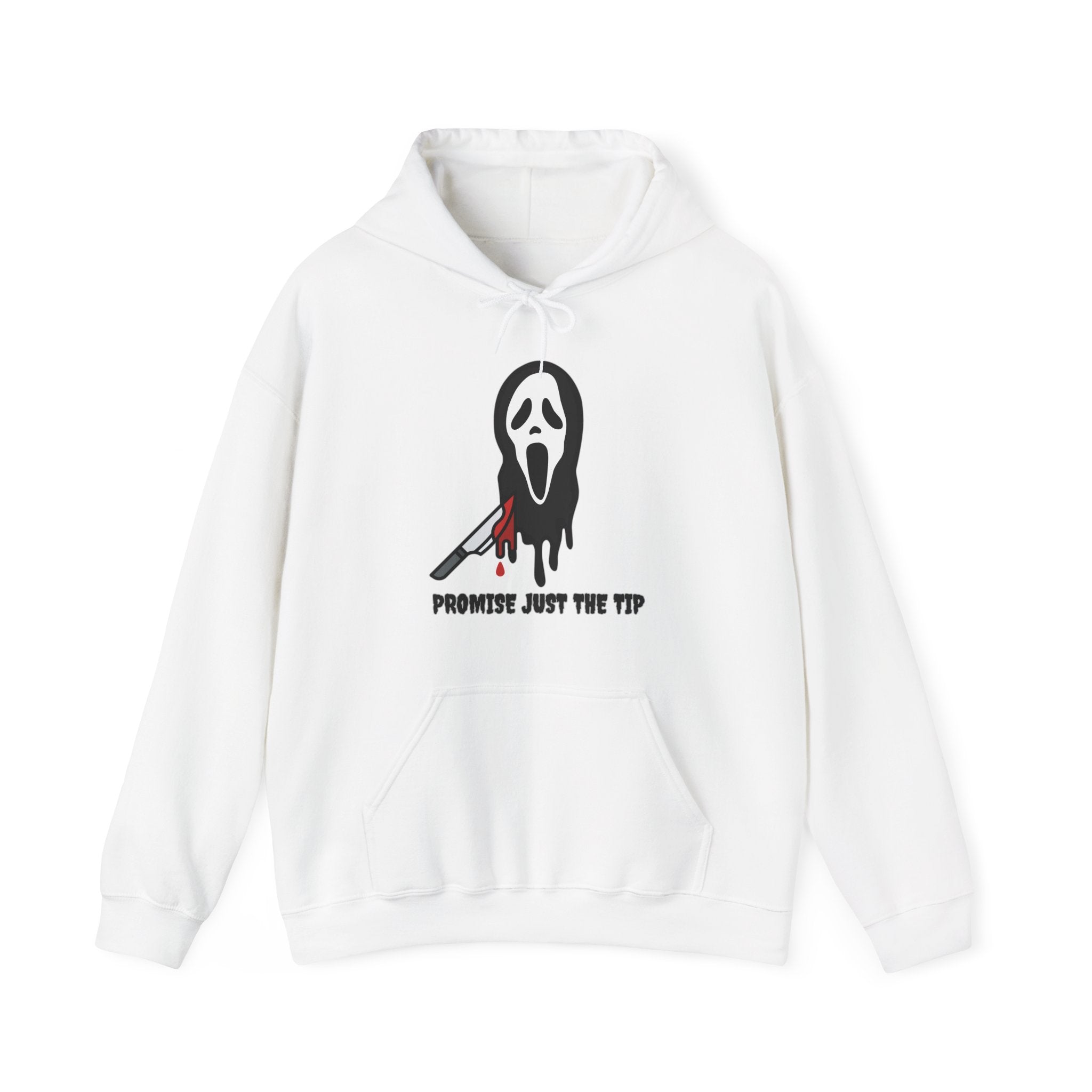 White hoodie with a graphic design on a white background