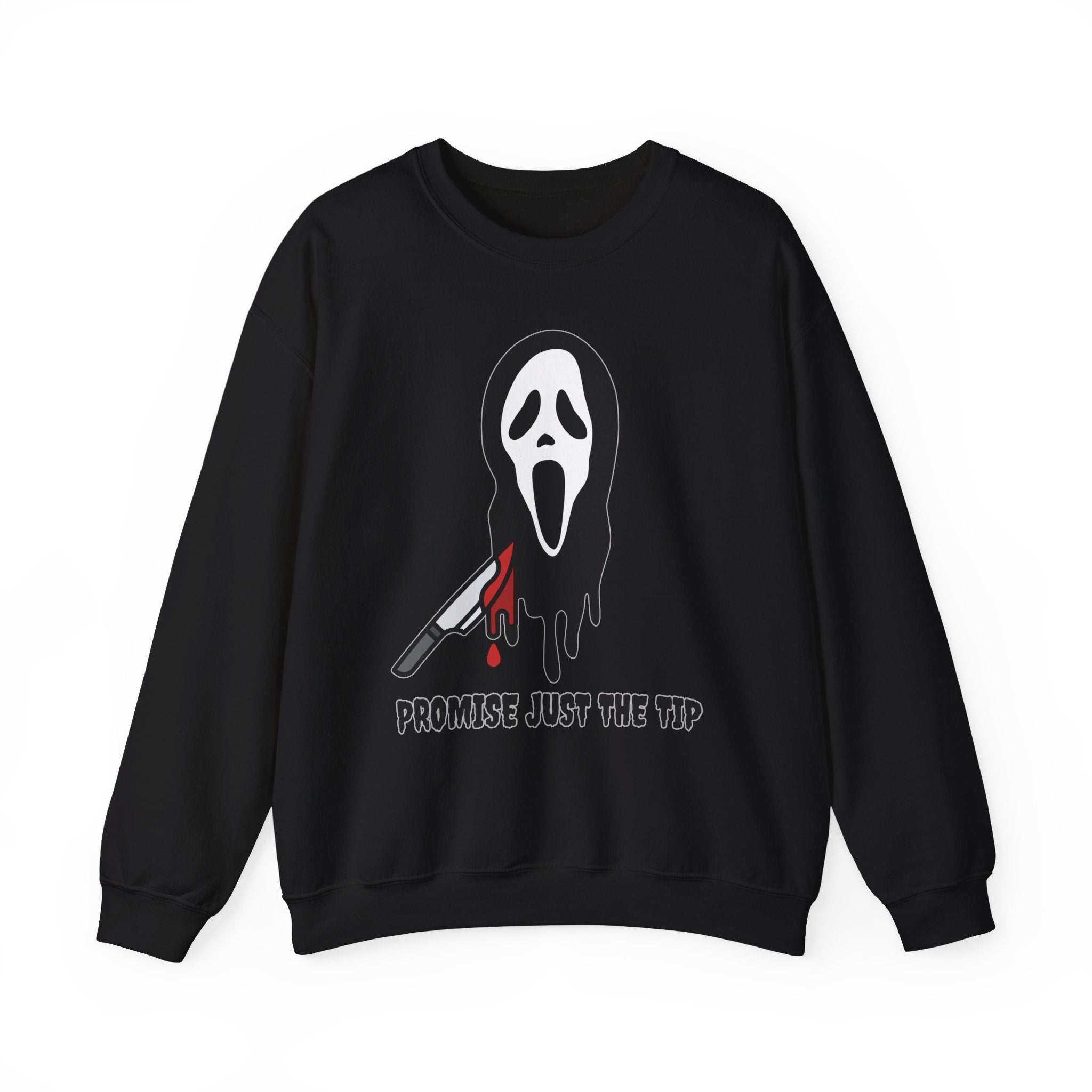 Black sweatshirt with a ghostface design and text on a white background