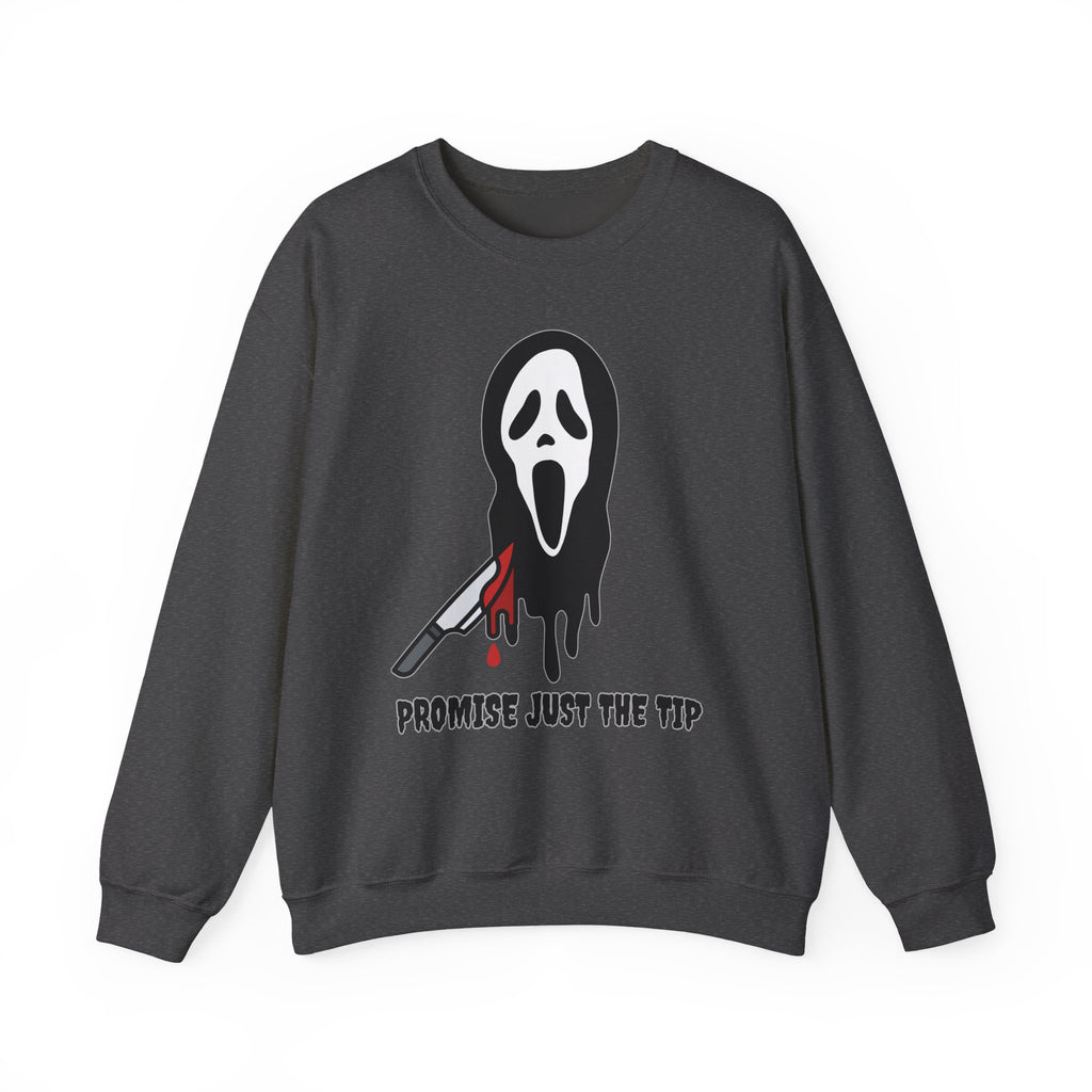 Dark heather gray sweatshirt with a graphic design of a ghost face and knife on a white background