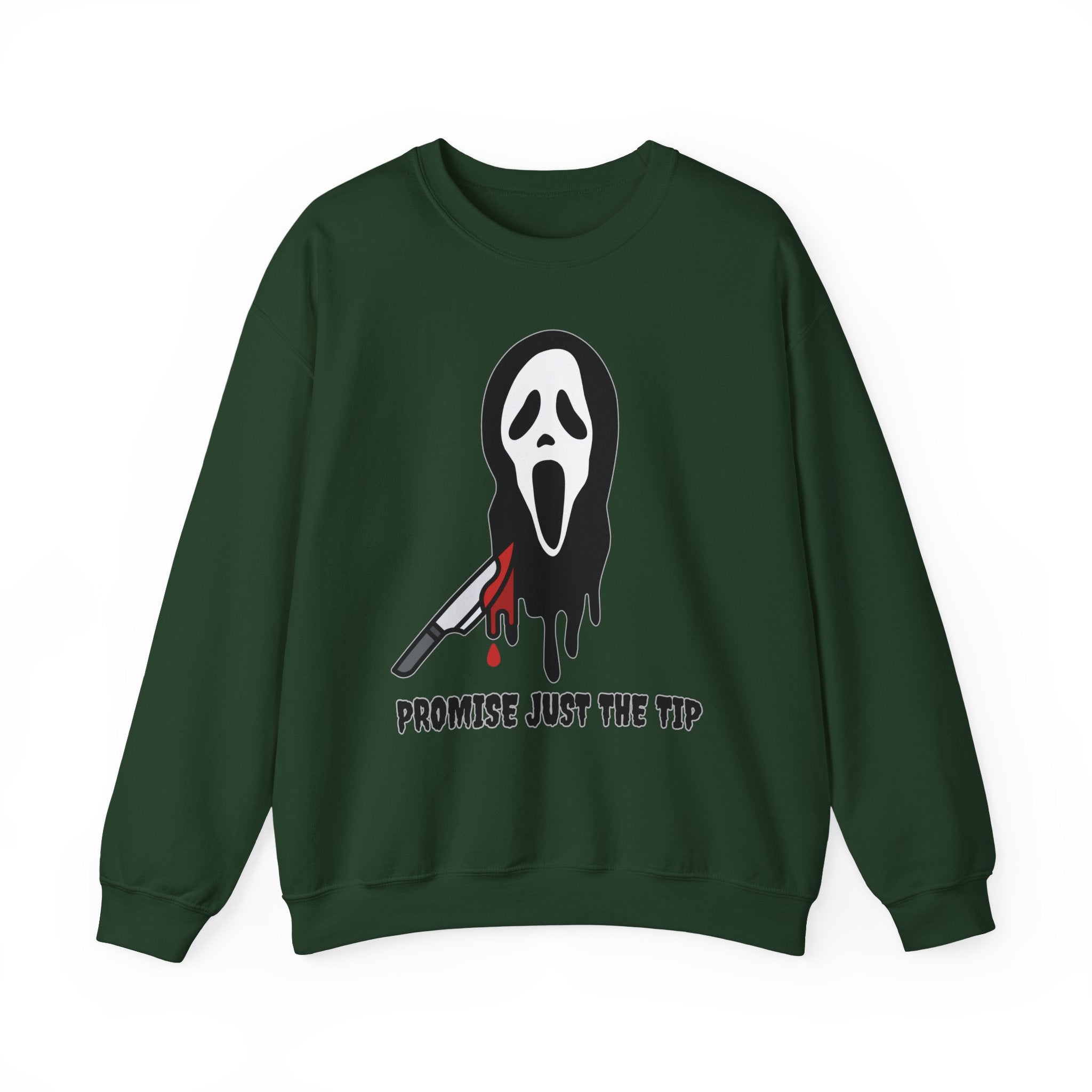 Forest green sweatshirt with a graphic design of a mask and knife on a white background