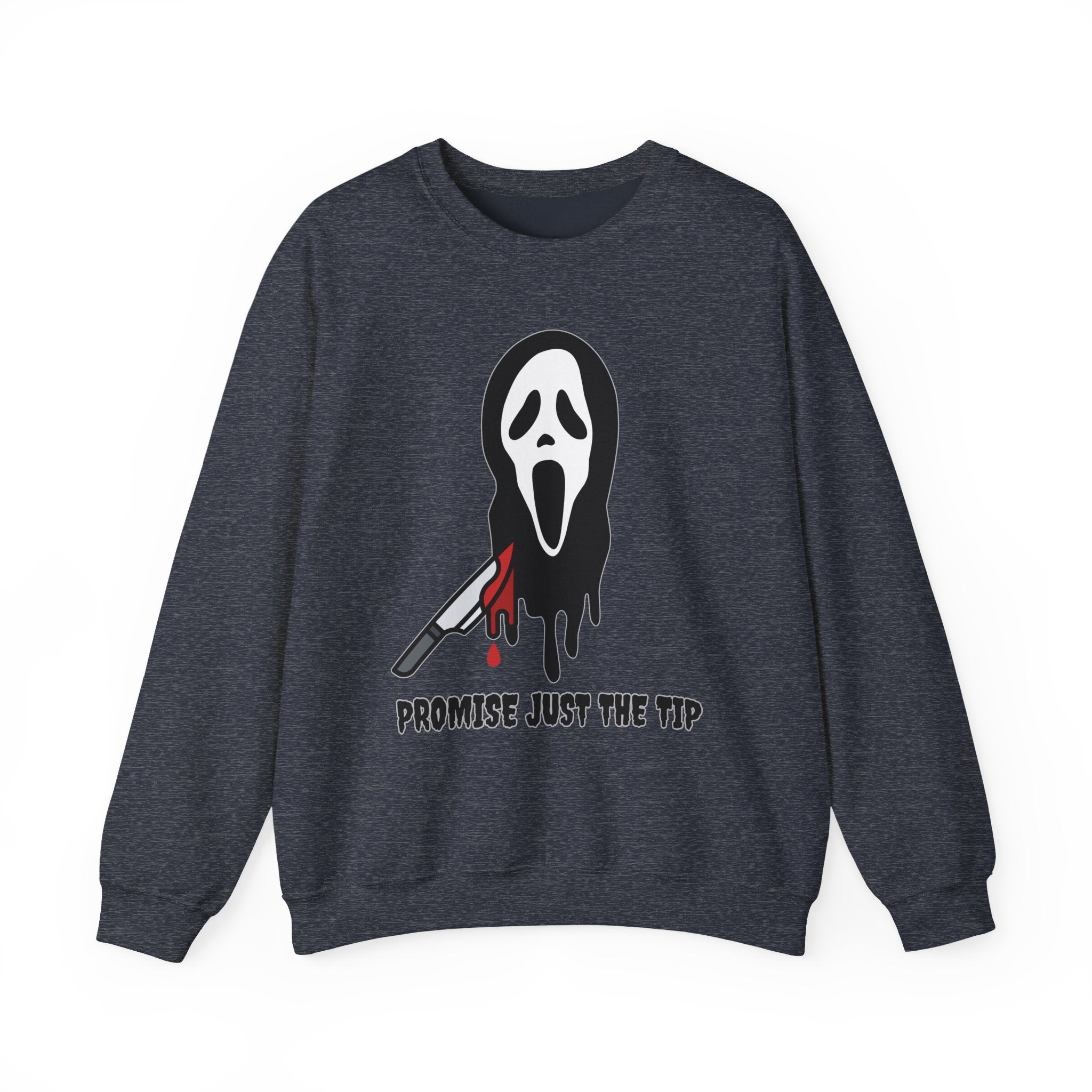 Heather sport dark navy gray sweatshirt with a graphic design of a ghost face and knife on a white background